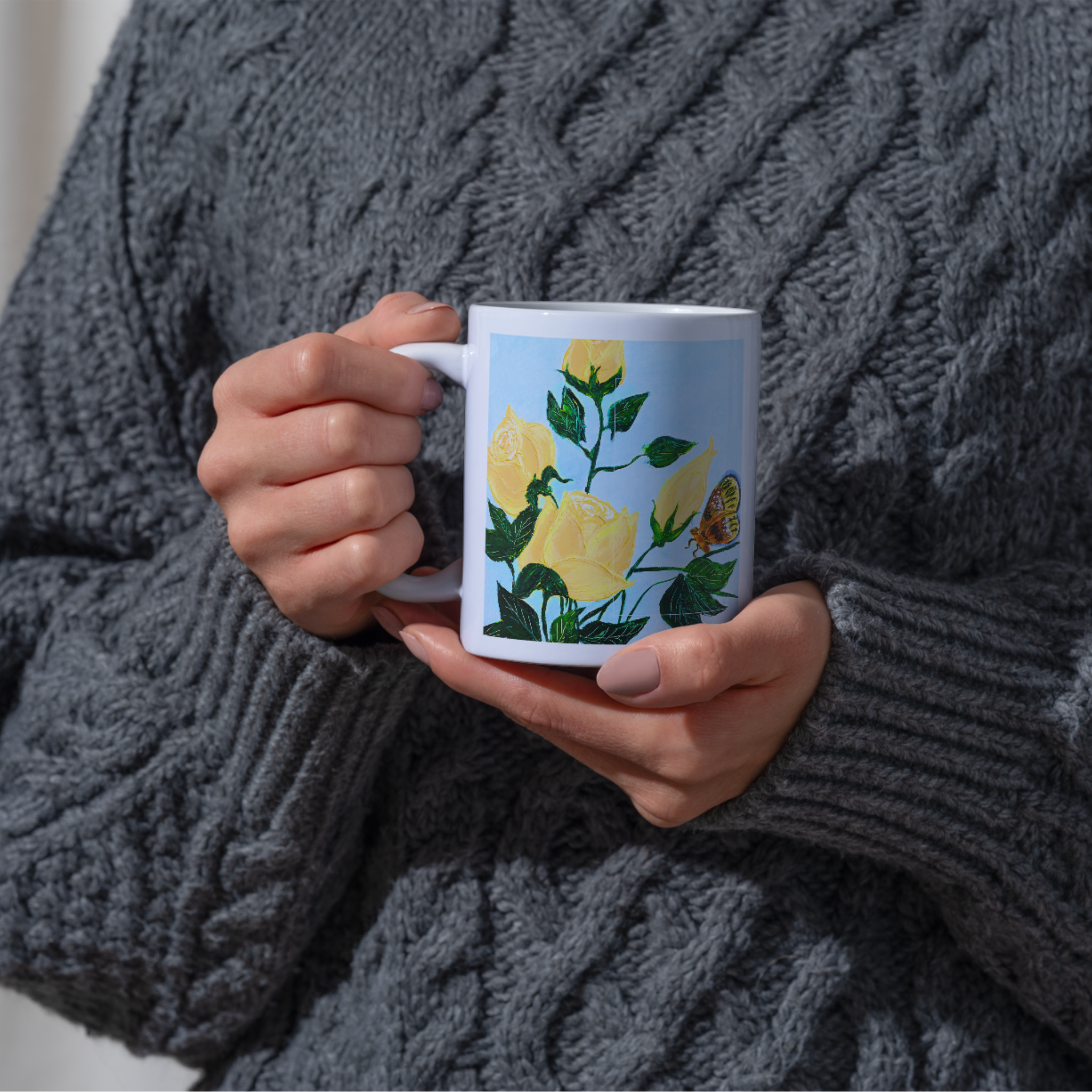 Yellow Roses & Butterfly Mug – Floral Garden Ceramic Coffee Mug