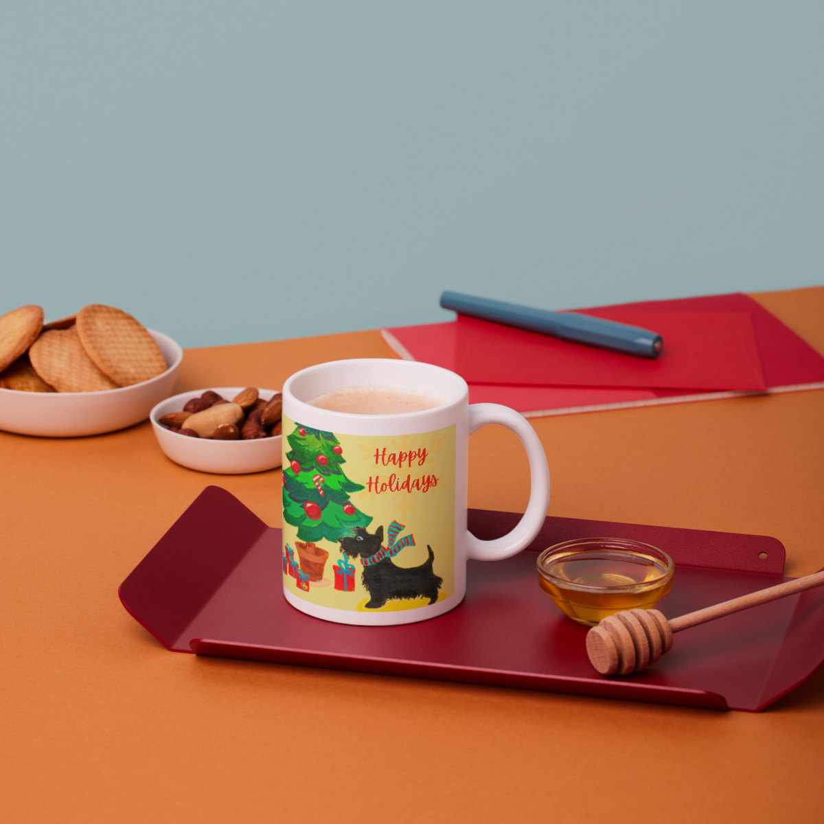 Scottie Dog & Christmas Tree Mug – Happy Holidays Dog Ceramic Coffee Mug