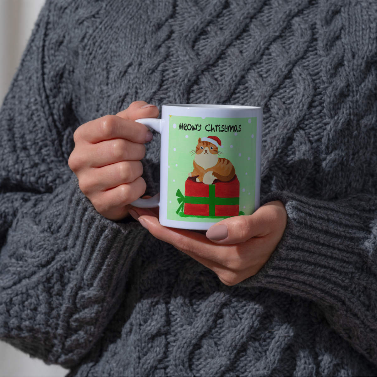 Santa Cat on Gift Box Mug – Meowy Christmas Cat Ceramic Coffee Mug