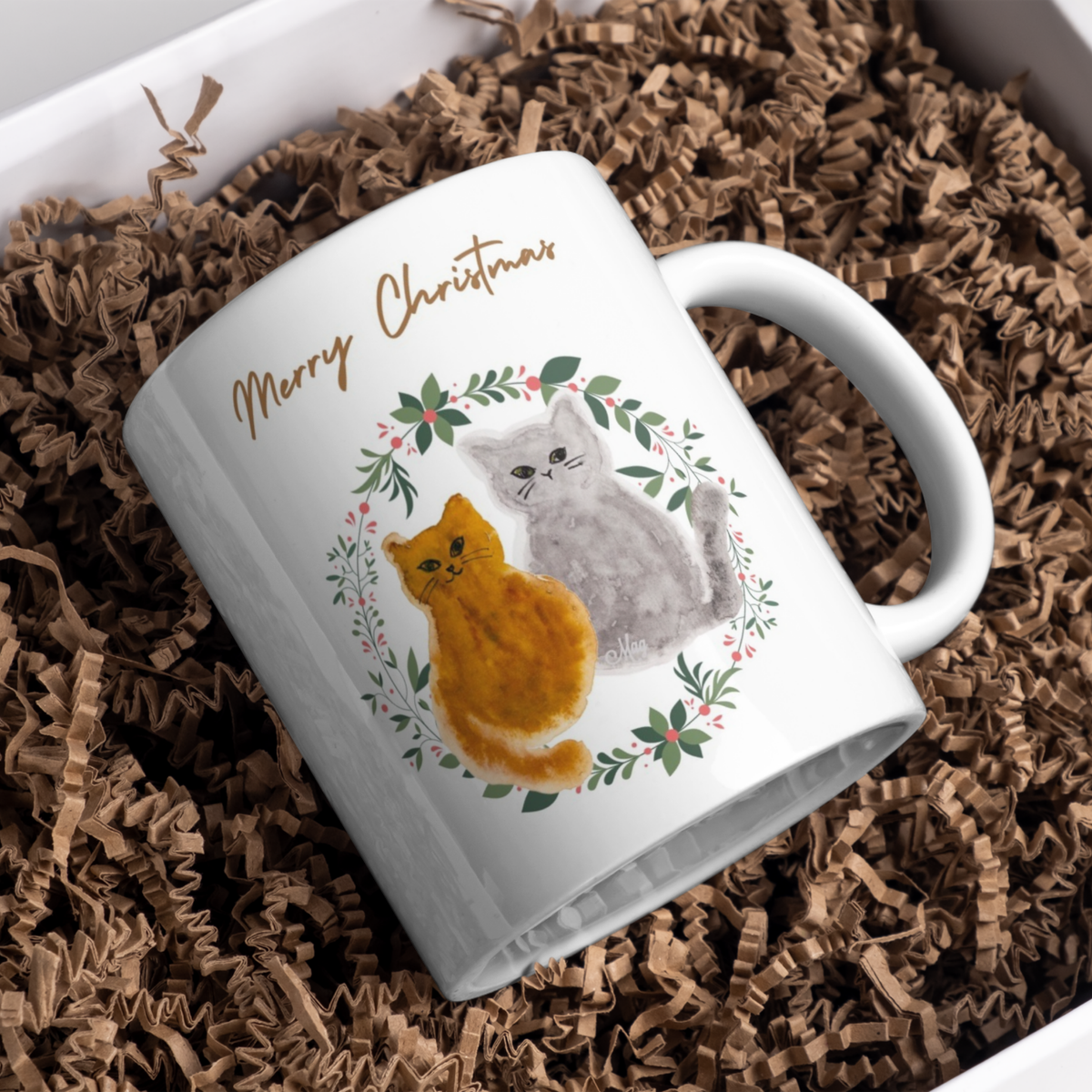 Two Cats Floral Wreath Mug – Merry Christmas Cats Ceramic Coffee Mug