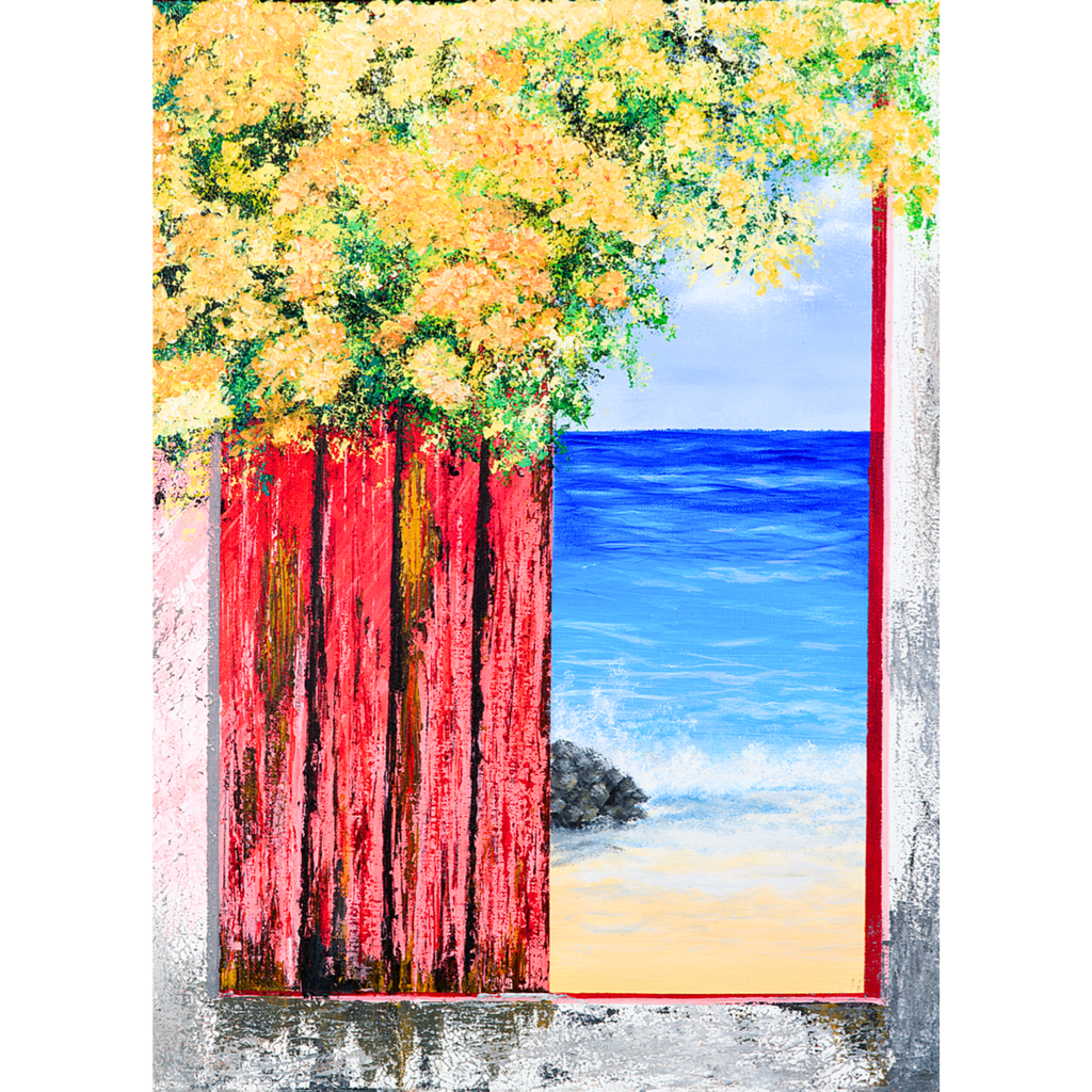 Ocean View with Blossoms Landscape Card – Acrylic Painting Design
