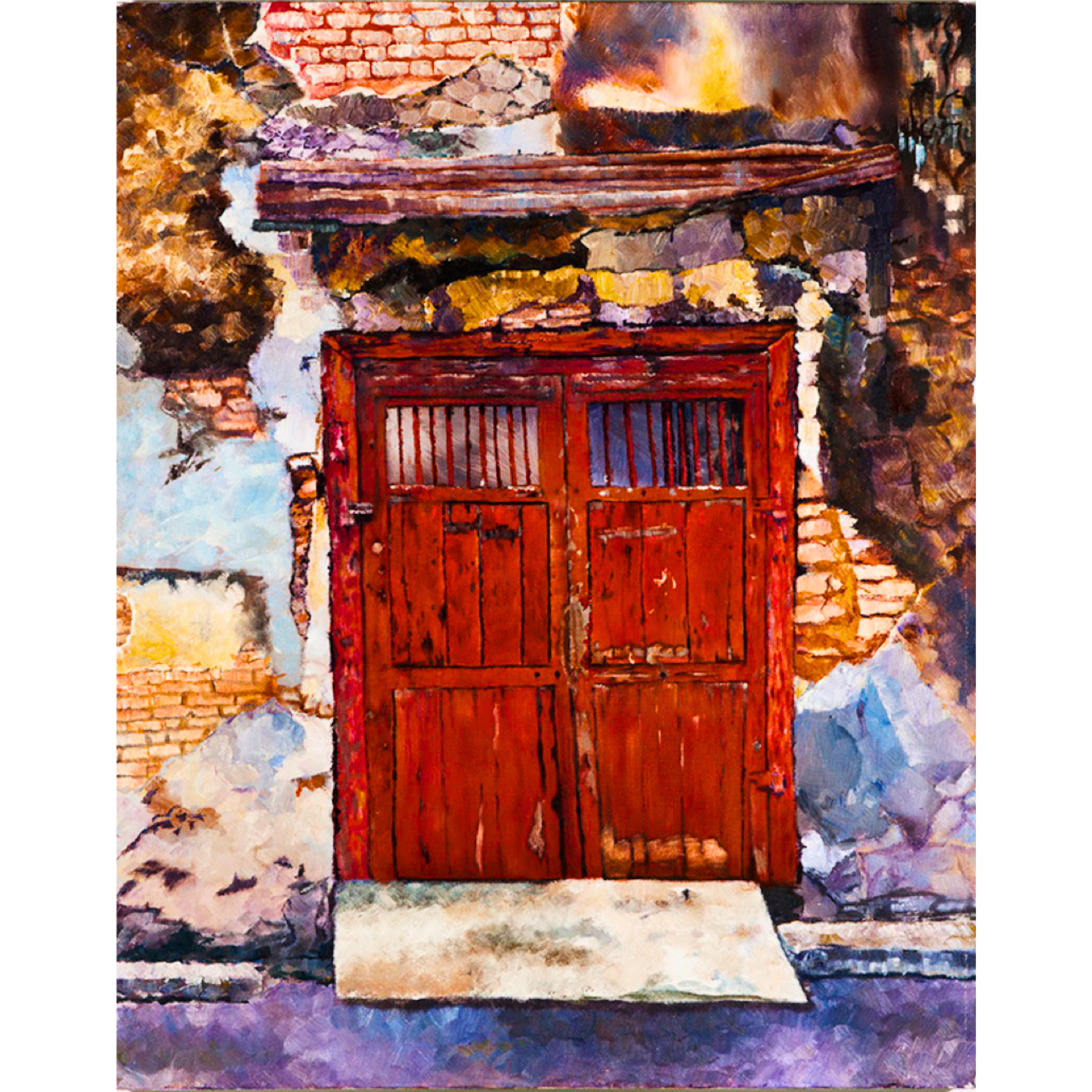 Rustic Red Door Landscape Card – Acrylic Painting Design