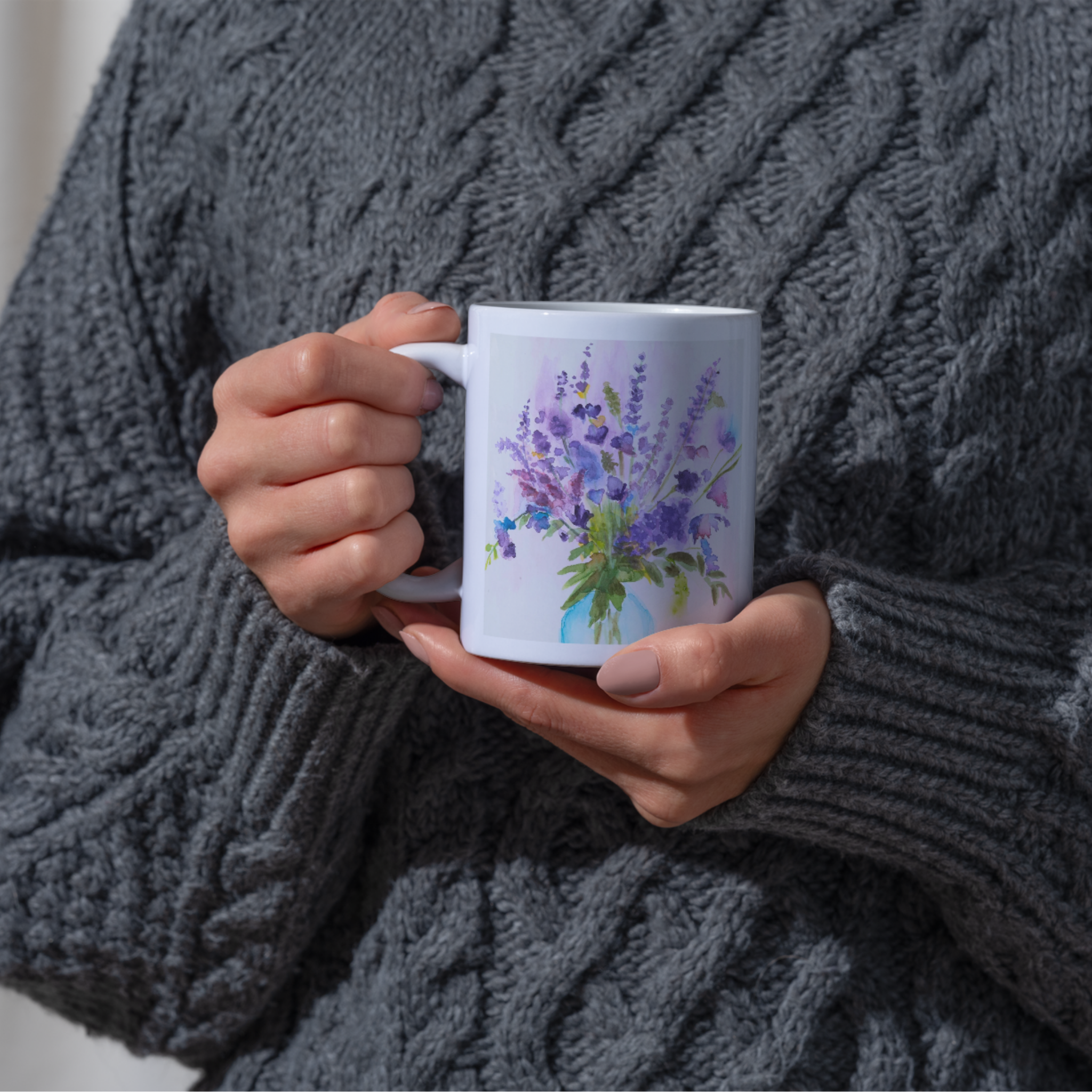 Blue Jar Bouquet Mug – Purple & Pink Flowers Ceramic Coffee Mug