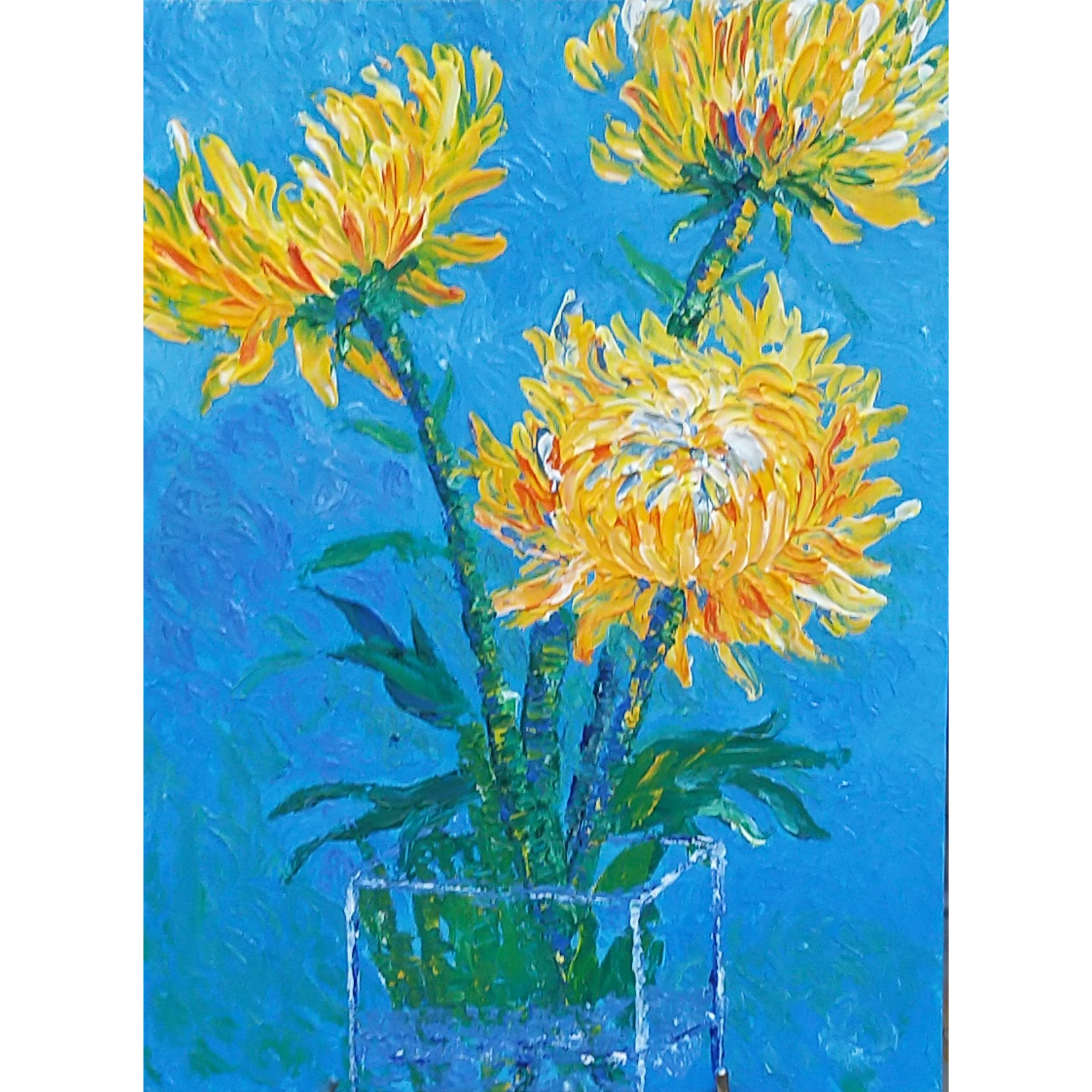 Golden Chrysanthemums in Bloom — Original Acrylic Painting Card | Floral Art Gift