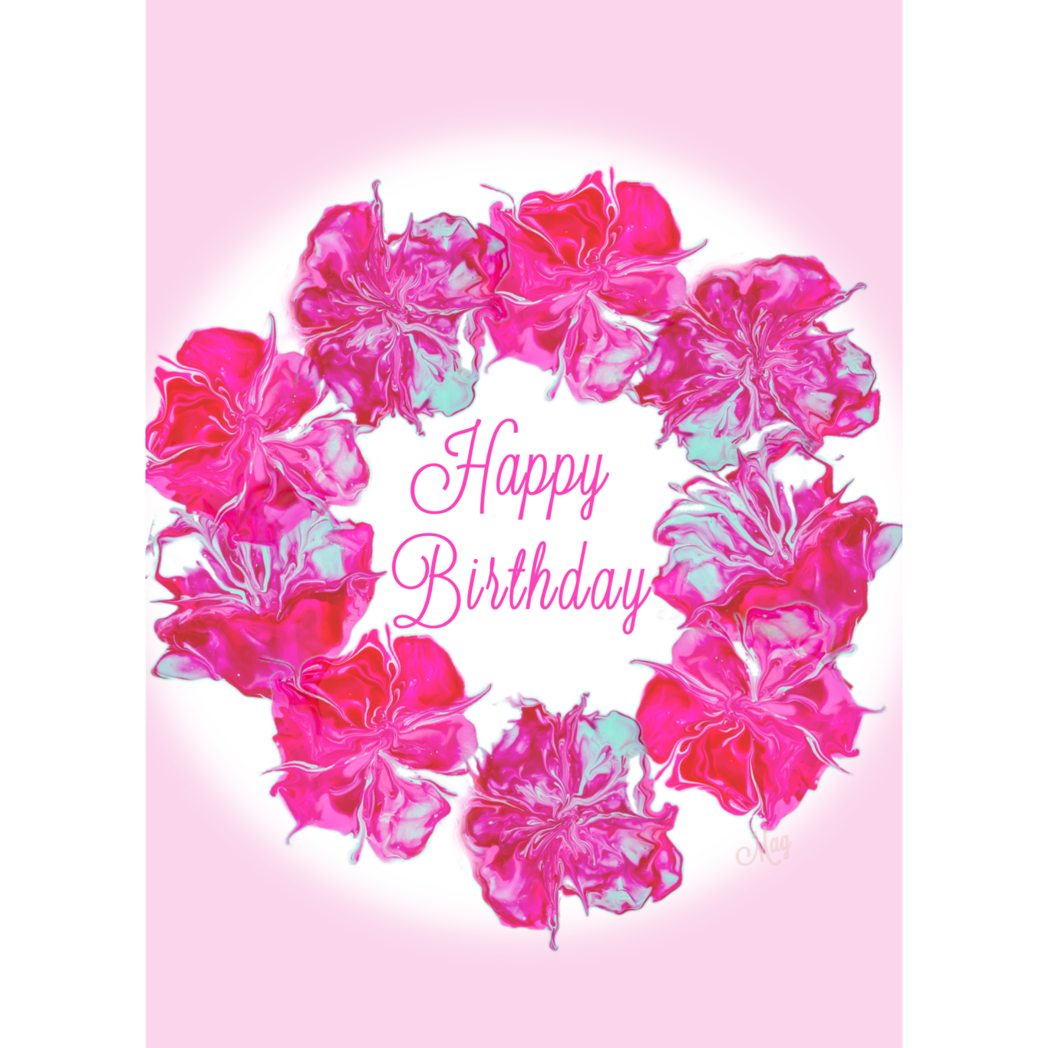 Acrylic Flow Card – Happy Birthday Greeting Card with Floral Ring & Soft Pink Background