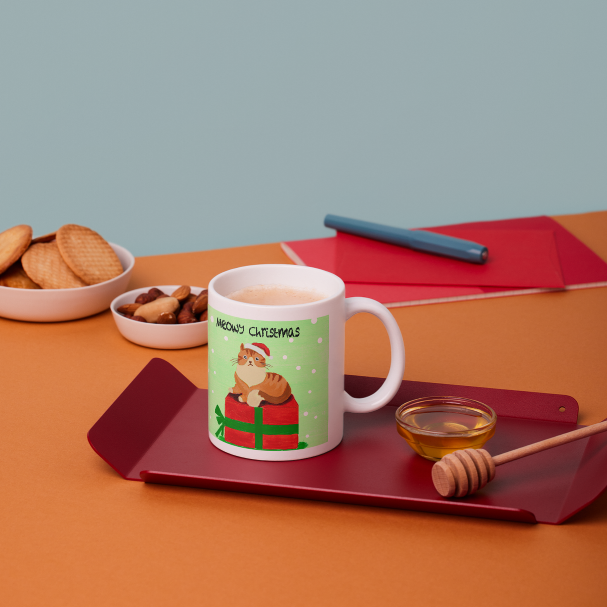 Santa Cat on Gift Box Mug – Meowy Christmas Cat Ceramic Coffee Mug
