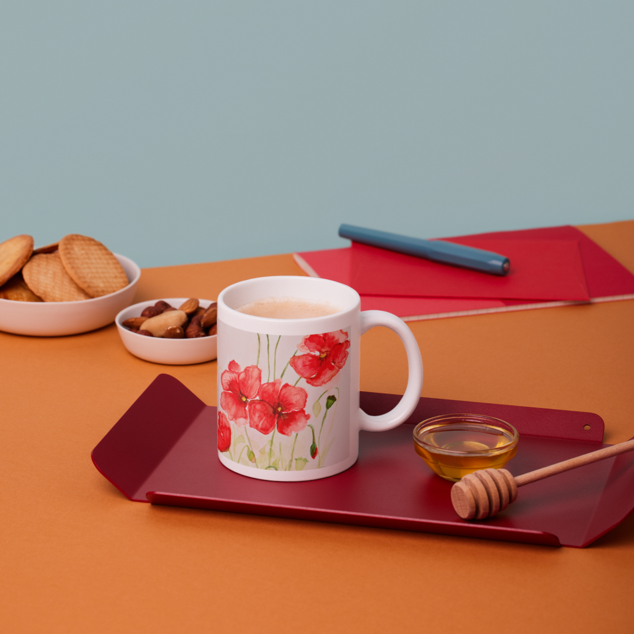 Red Poppies Mug – Watercolor Floral Ceramic Coffee Mug