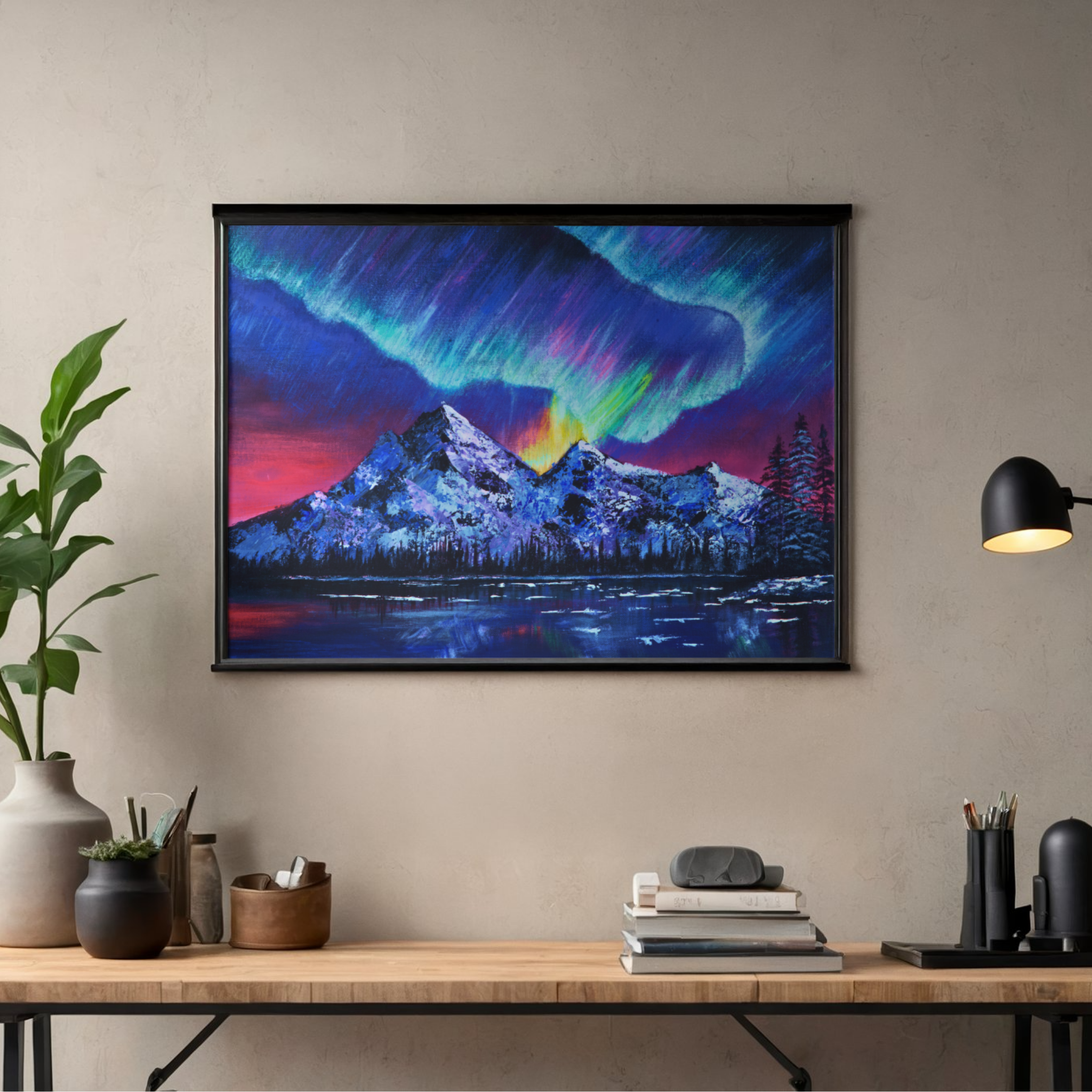 Aurora Borealis Mountain Canvas Print – A3 Northern Lights Landscape Wall Art