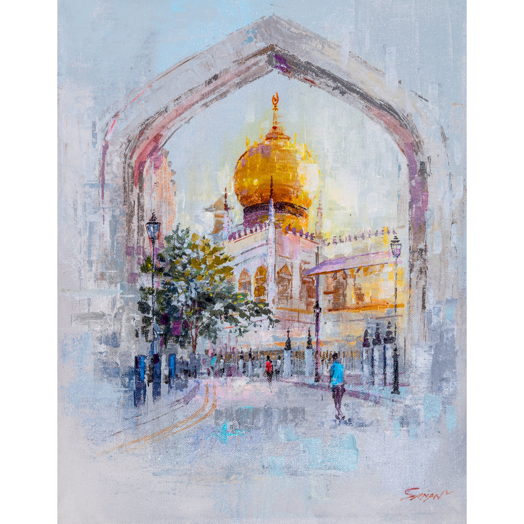 Golden Mosque Singapore Landscape Card – Curated Acrylic Painting Design