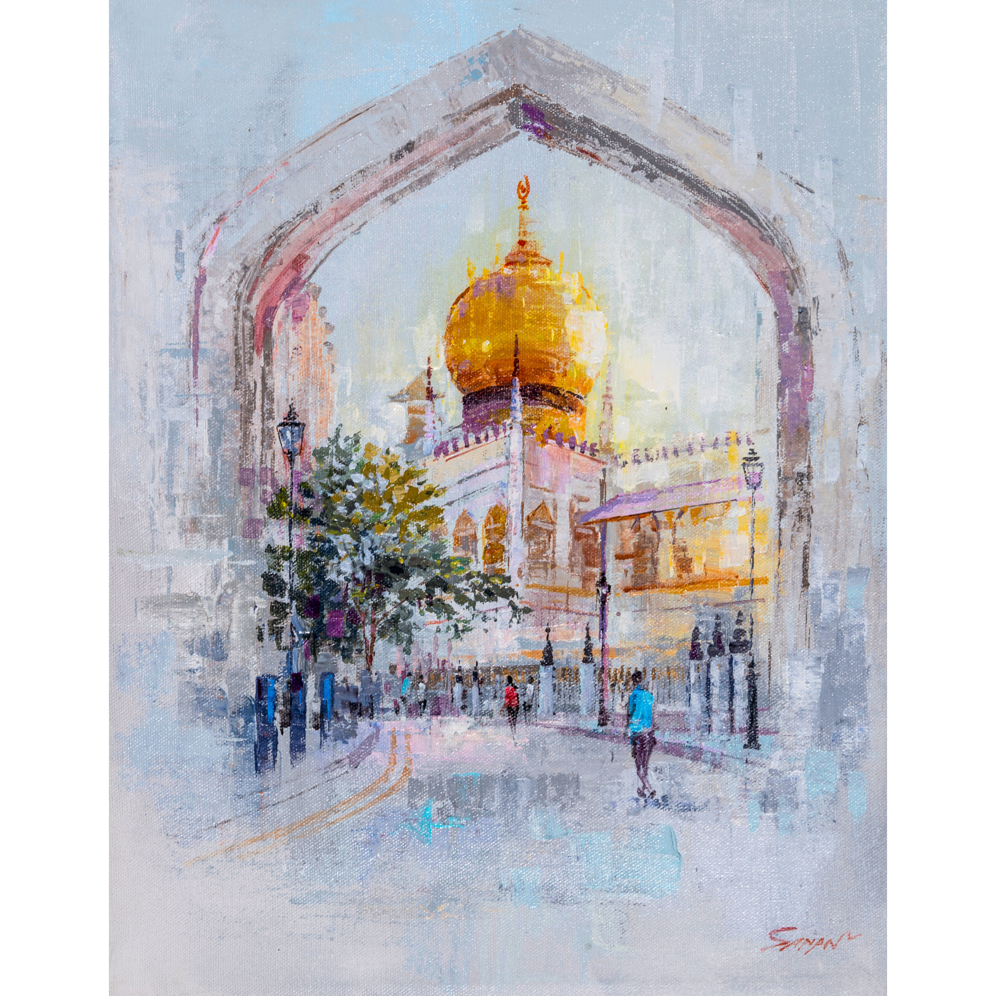 Golden Mosque Singapore Landscape Card – Curated Acrylic Painting Design