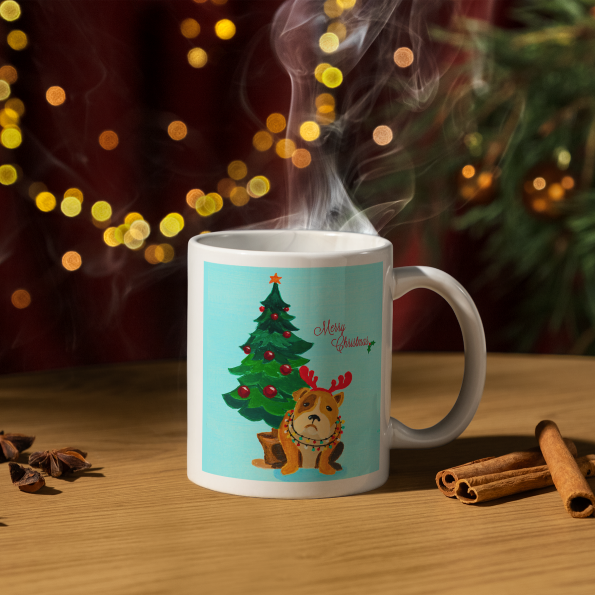 Grumpy Bulldog Reindeer Mug – Funny Christmas Dog Ceramic Coffee Mug