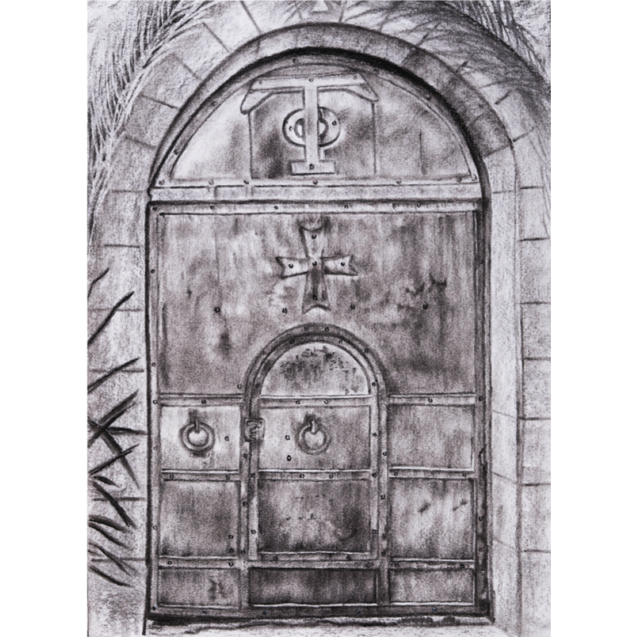 Vintage Arched Doorway – Charcoal Architectural Art Greeting Card (Original Drawing)