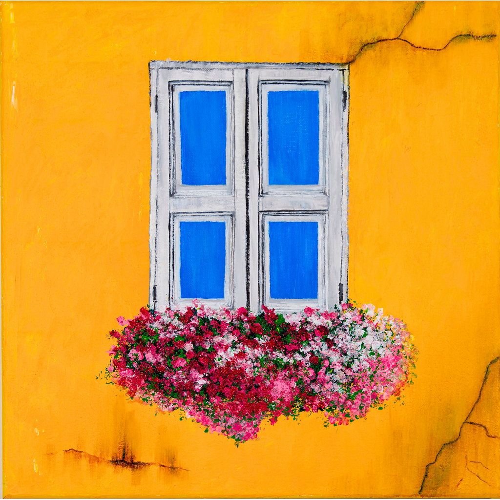 Rustic Window & Flower Box Landscape Card – Acrylic Painting Design
