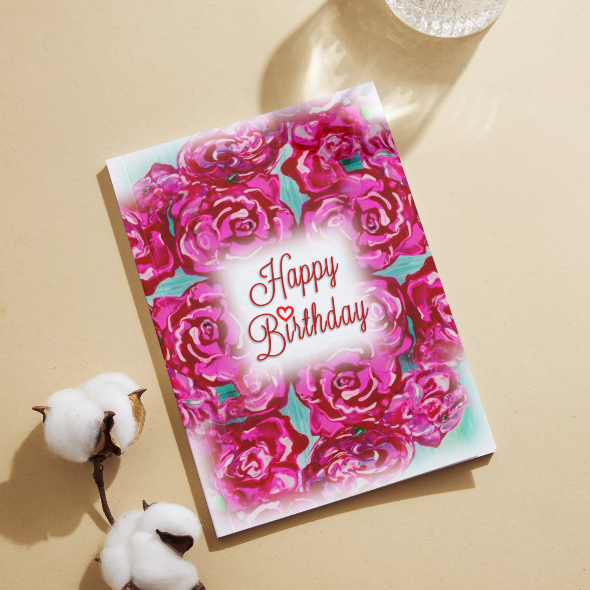 Acrylic Flow Card – Happy Birthday Greeting Card with Pink Roses & Heart Accent