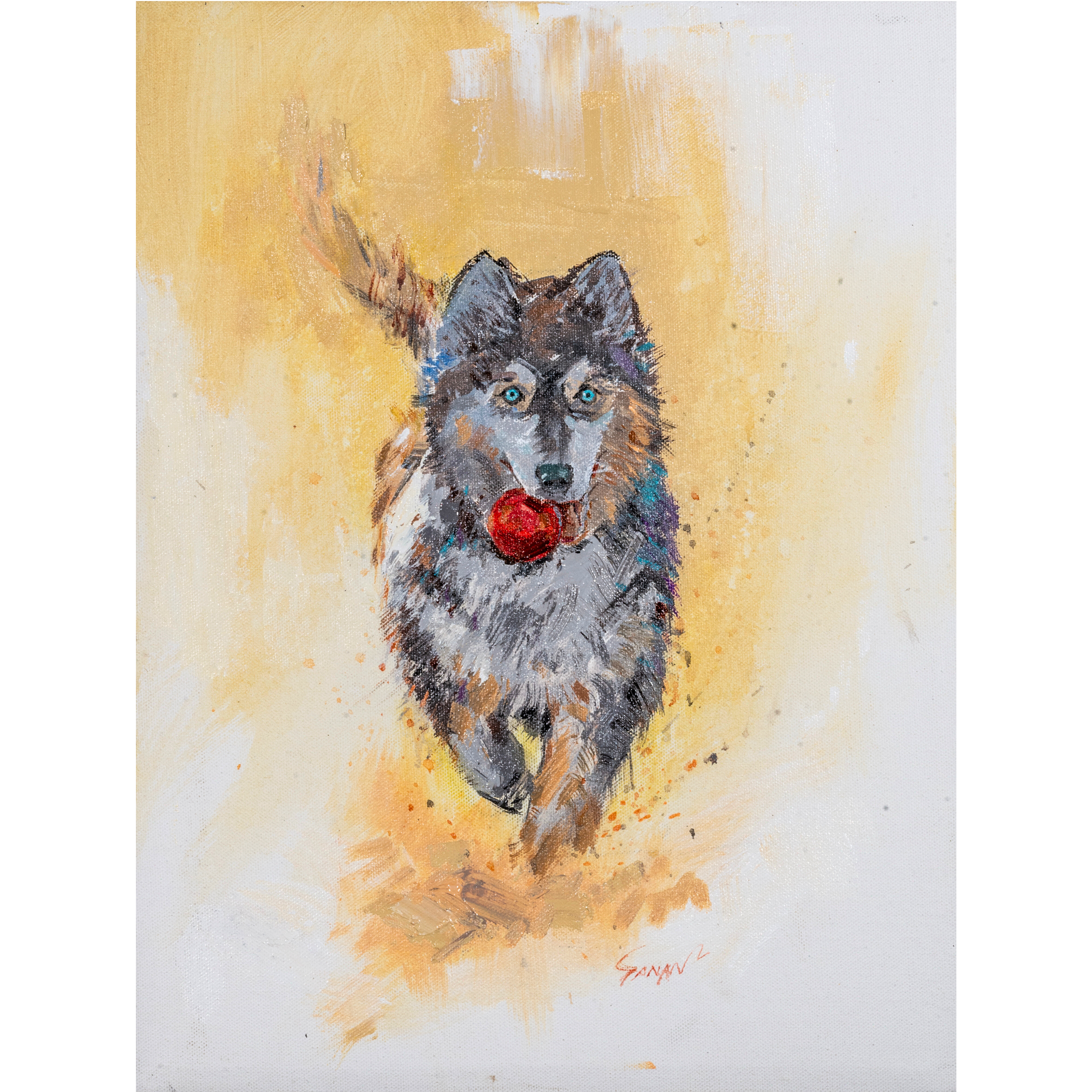 Curated Acrylic Husky Art Card – Playful Motion with Red Ball