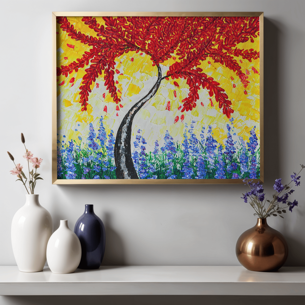 Crimson Tree Canvas Print – A3 Bold Red Floral Wall Art