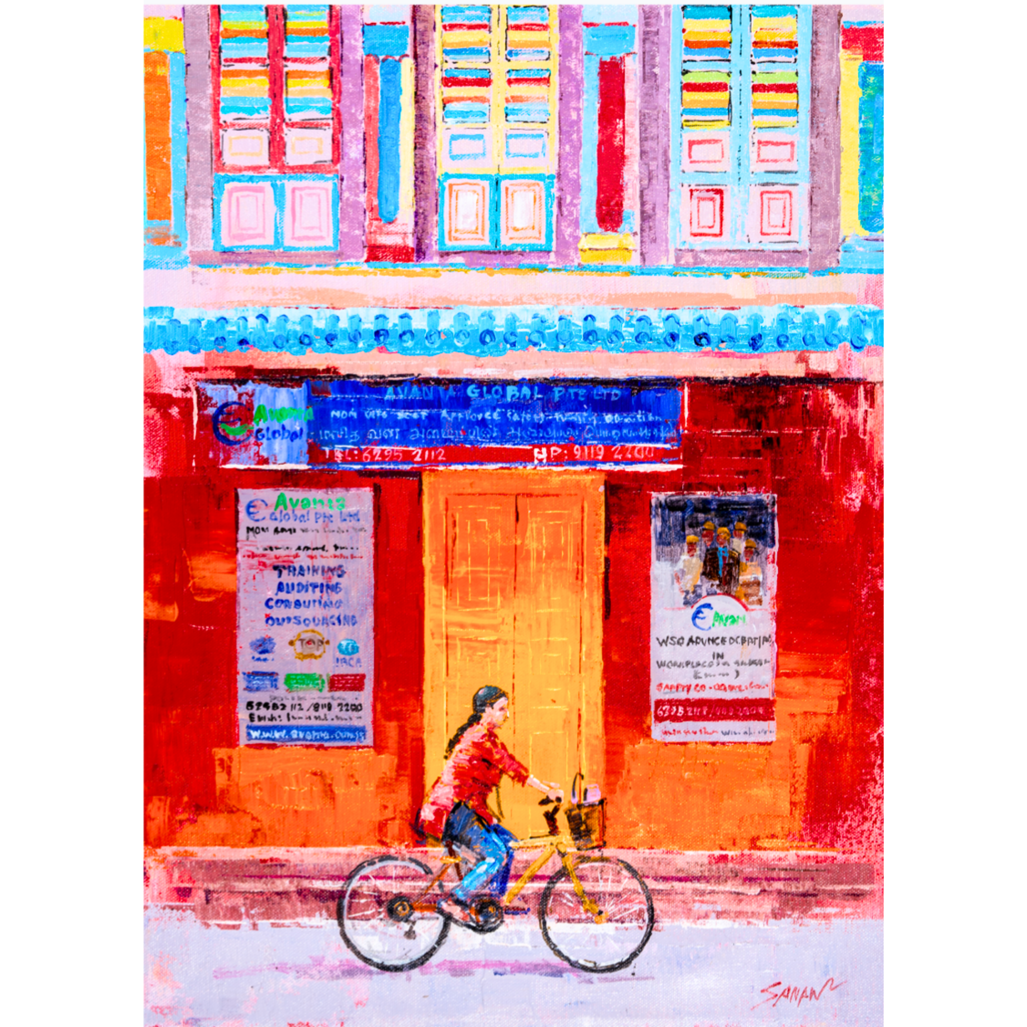 An Indian Lady Riding a Bicycle  through Little India Card - a curated painting