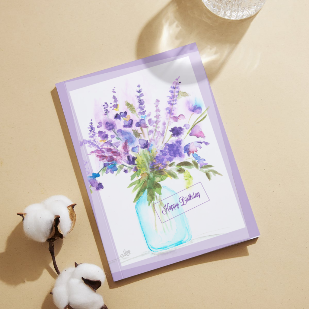 Mason Jar Blooms Card – Happy Birthday Greeting Card with Watercolor Florals & Purple Border