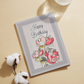 Happy Birthday Greeting Card with Line & Wash Floral Illustration