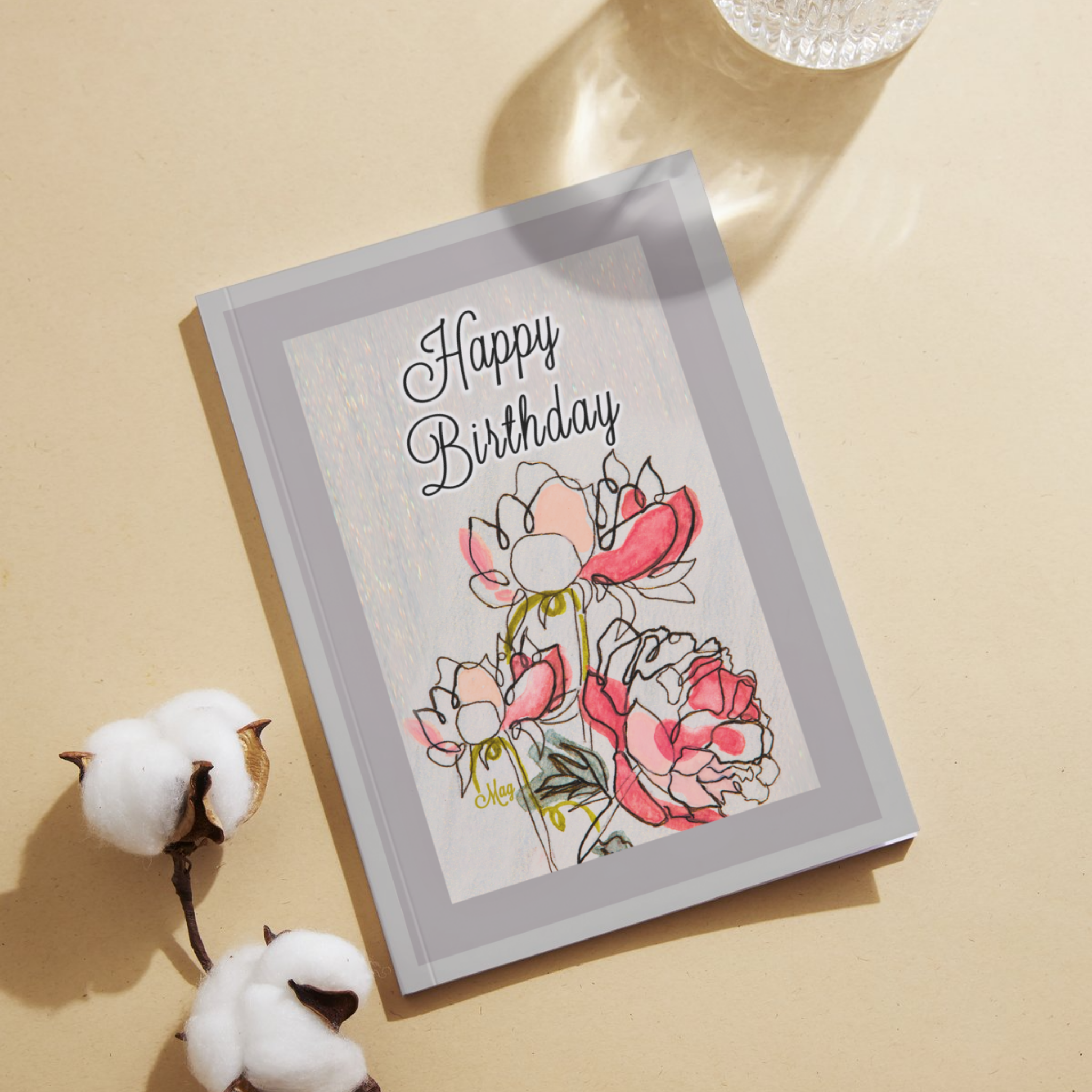 Happy Birthday Greeting Card with Line & Wash Floral Illustration