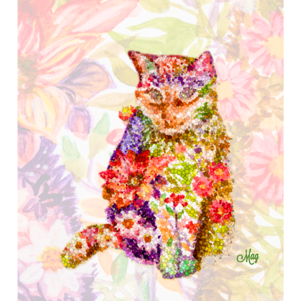 Original Floral Pointillism Inspired Cat Art Card – Vibrant Color