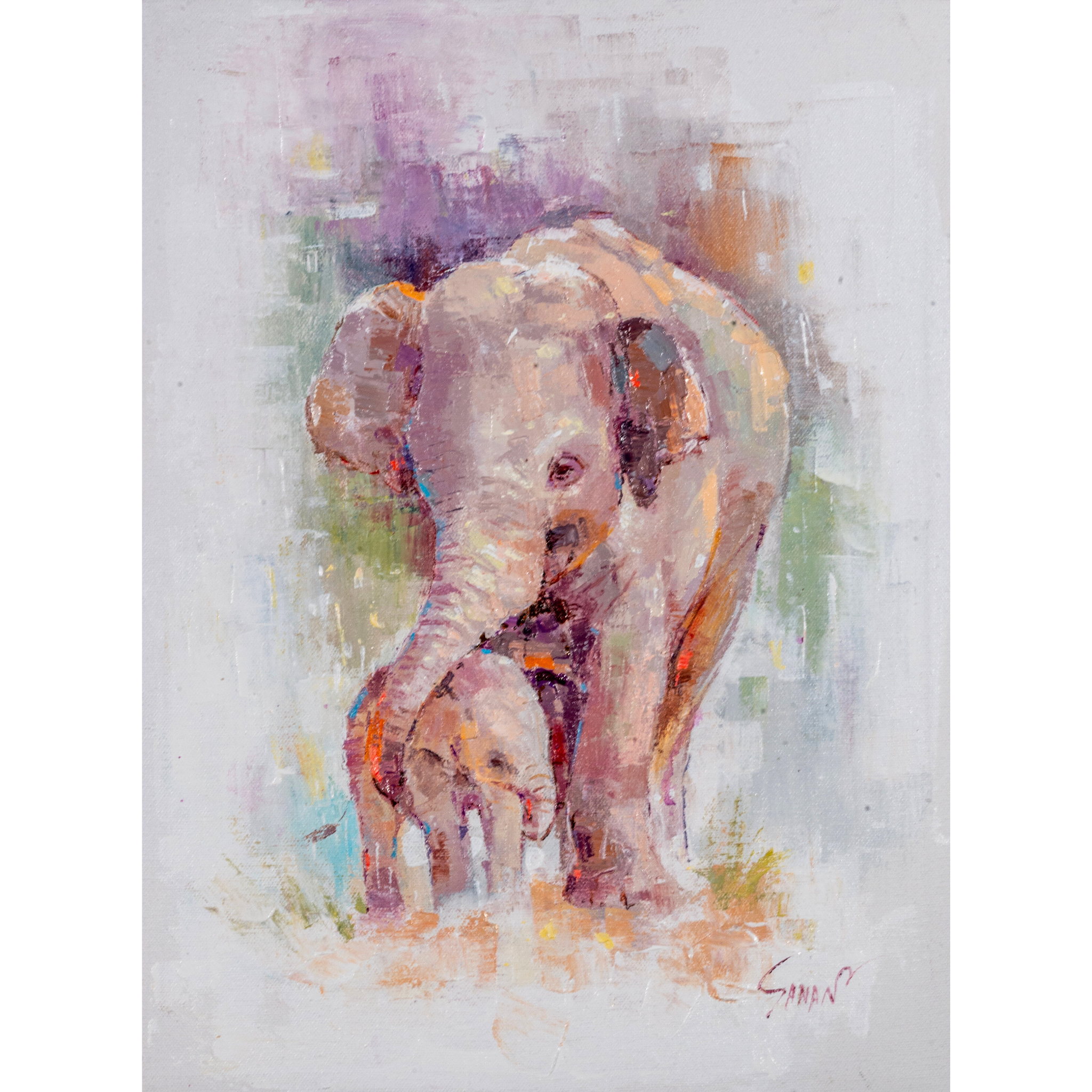 Curated Acrylic Elephant Art Card – Tender Mother & Baby Bond