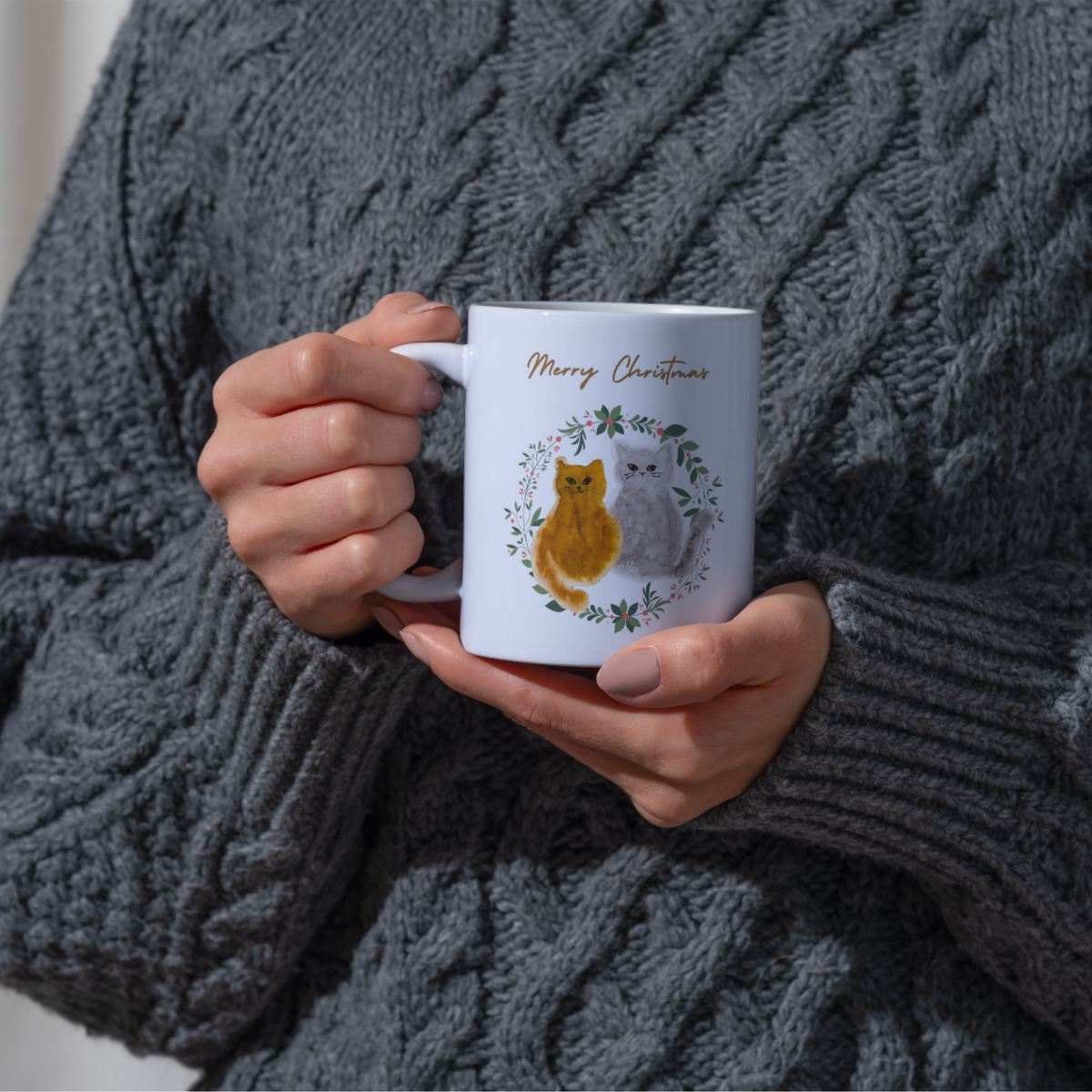 Two Cats Floral Wreath Mug – Merry Christmas Cats Ceramic Coffee Mug
