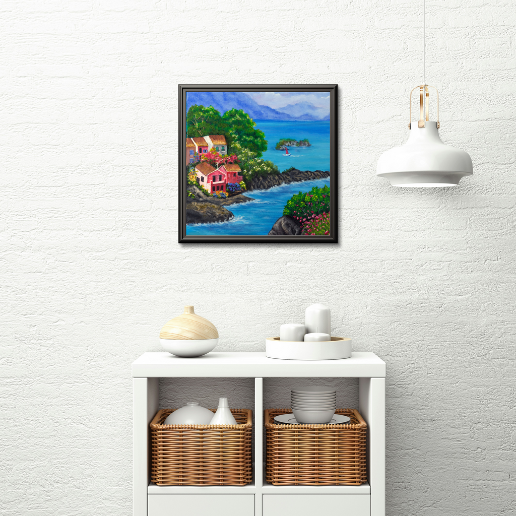 Colourful Coastal Village Canvas Print – Vibrant Seaside Wall Art for Home & Studio