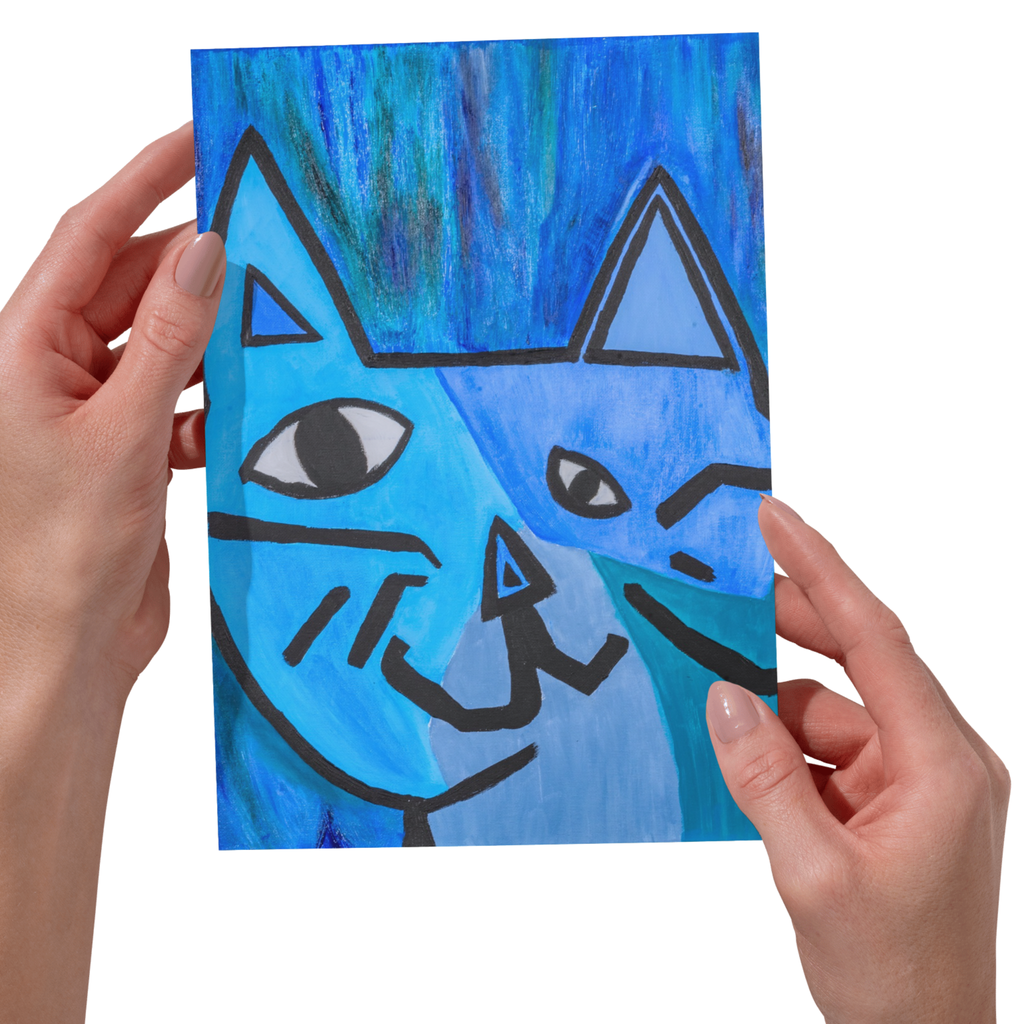 Picasso‑Inspired Acrylic Cat Art Card – Bold Blue Expression