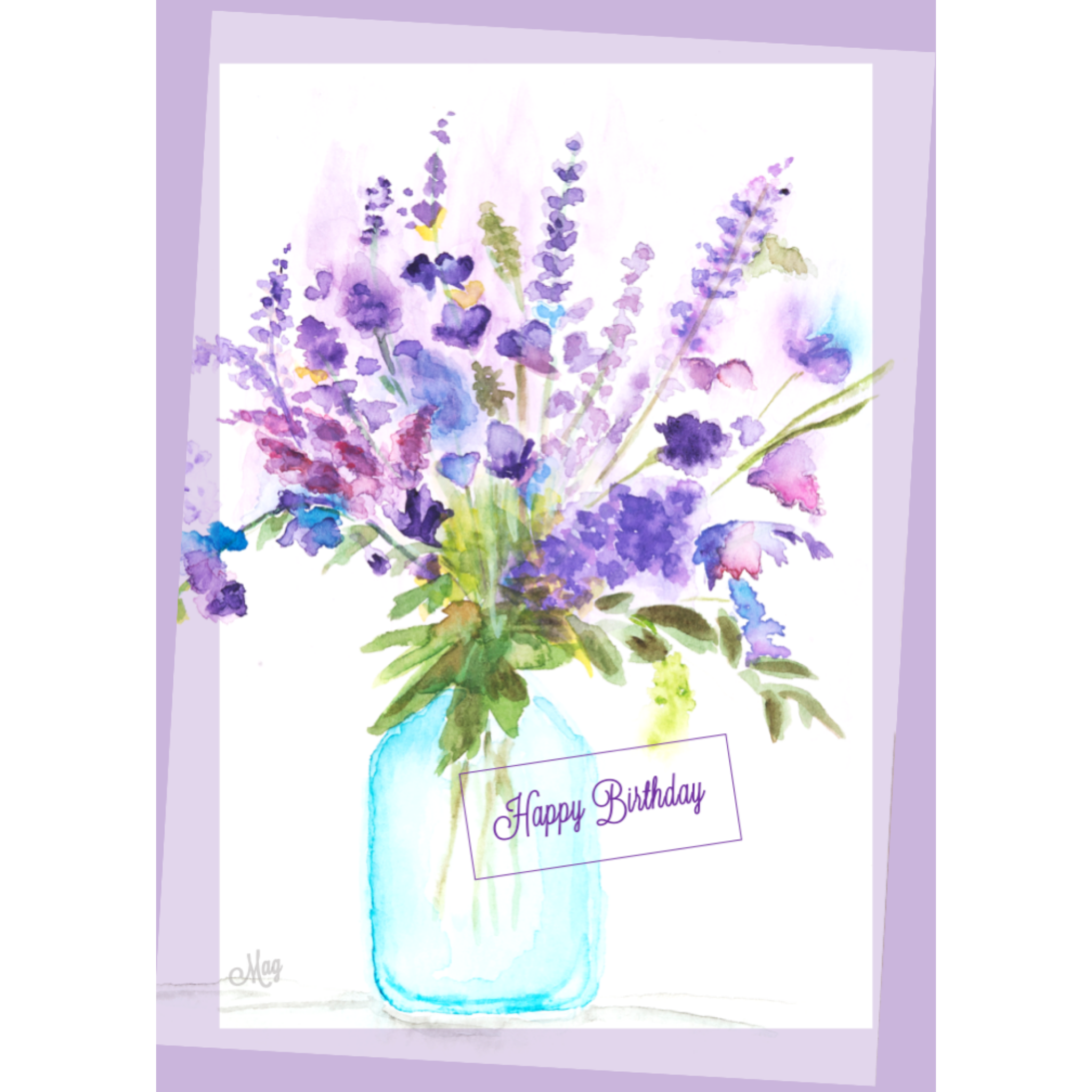 Mason Jar Blooms Card – Happy Birthday Greeting Card with Watercolor Florals & Purple Border