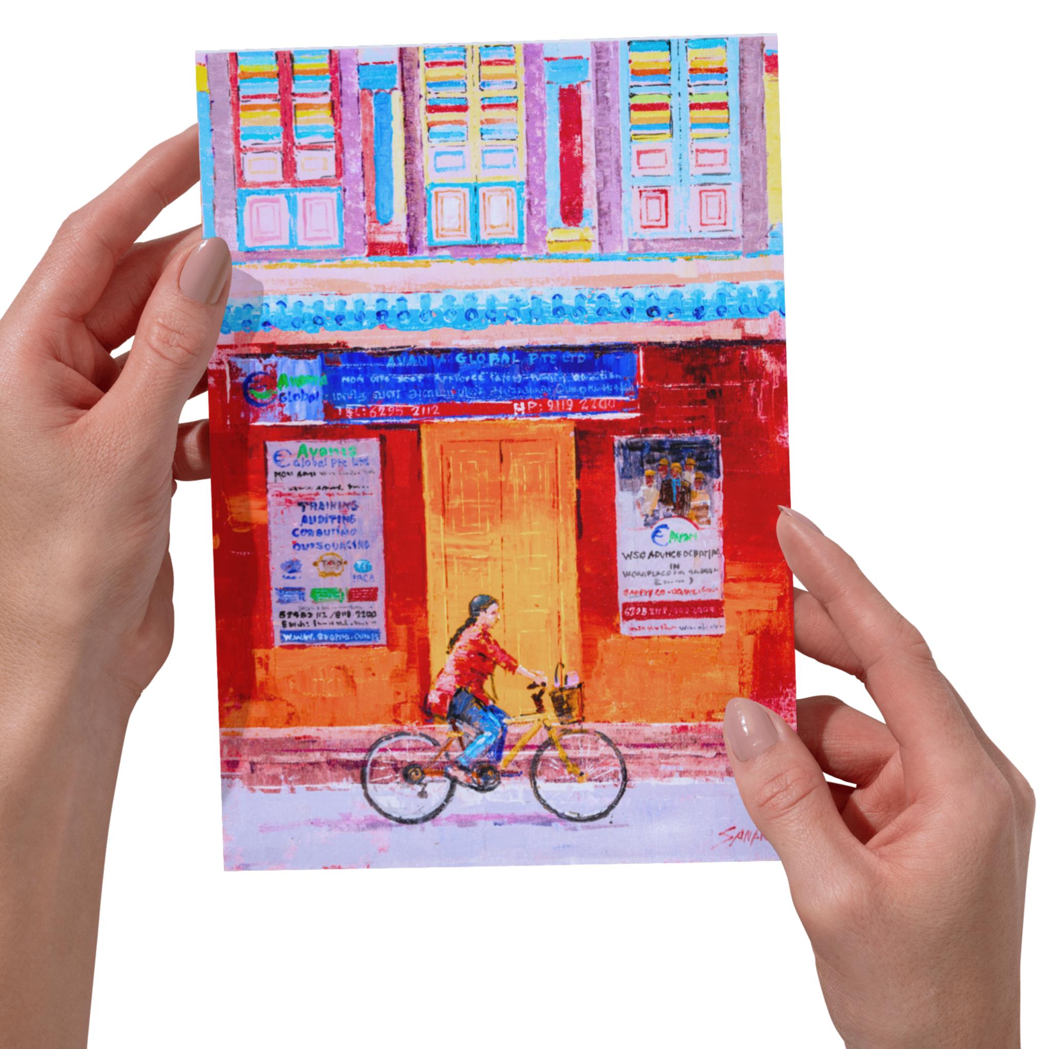 An Indian Lady Riding a Bicycle  through Little India Card - a curated painting