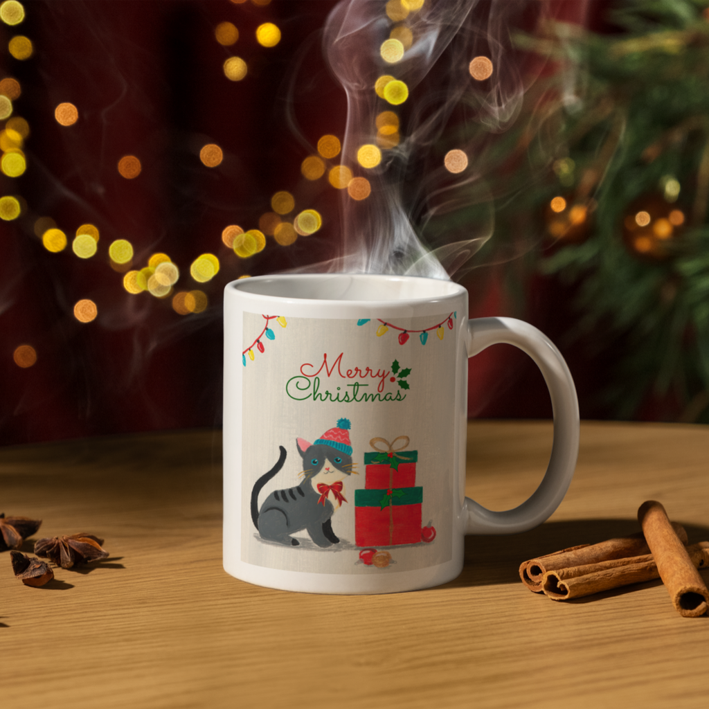 Kitten in Bobble Hat Mug – Merry Christmas Cat Ceramic Coffee Mug