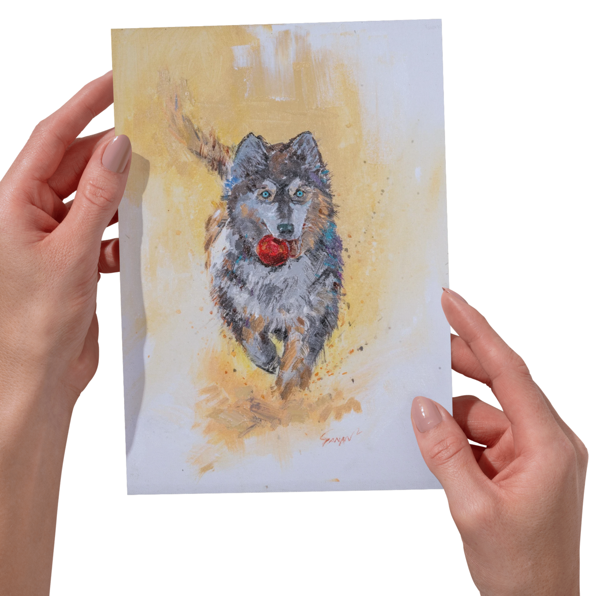 Curated Acrylic Husky Art Card – Playful Motion with Red Ball