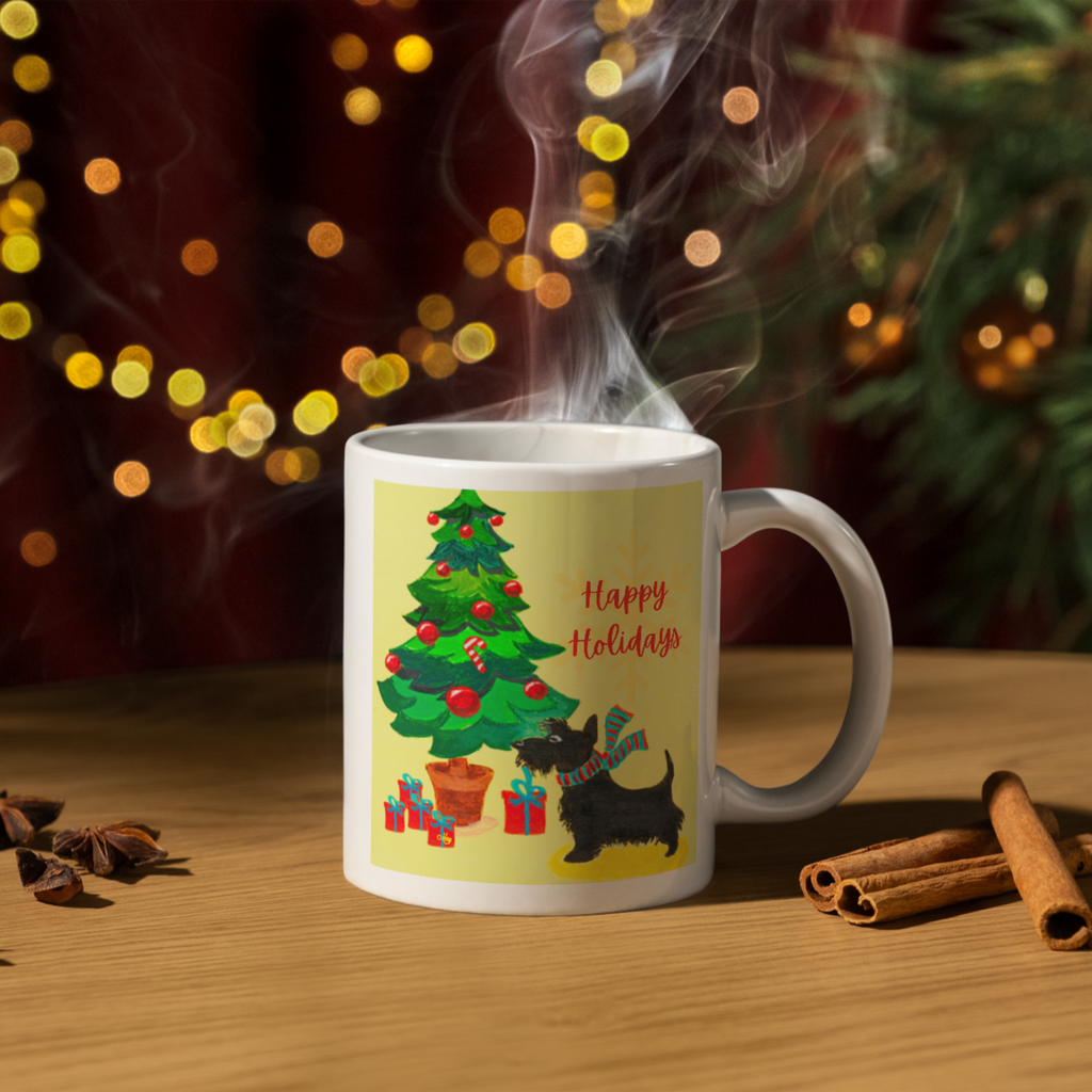 Scottie Dog & Christmas Tree Mug – Happy Holidays Dog Ceramic Coffee Mug