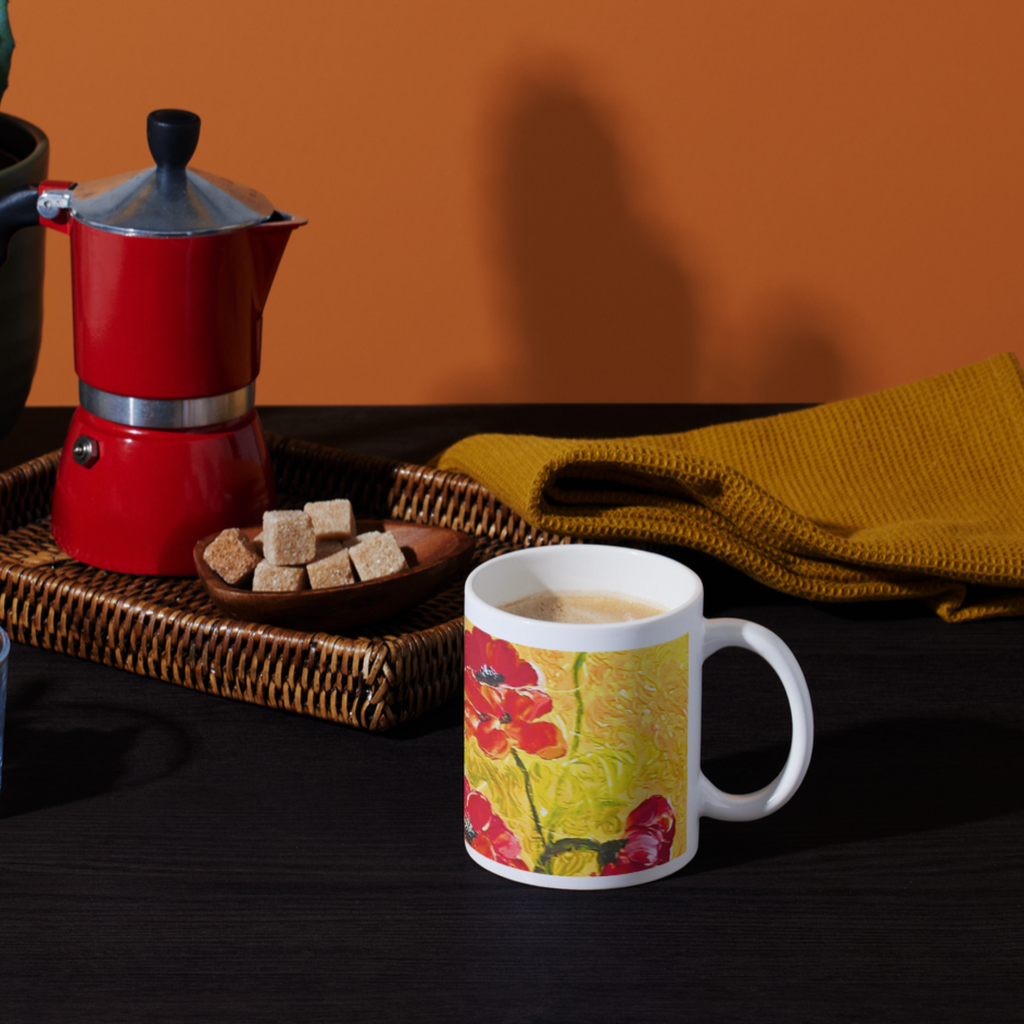 Golden Field Poppies Mug – Textured Floral Ceramic Coffee Mug