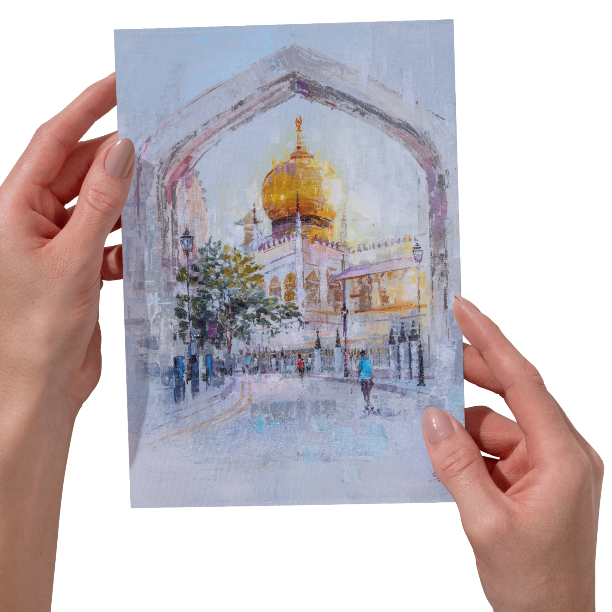 Golden Mosque Singapore Landscape Card – Curated Acrylic Painting Design