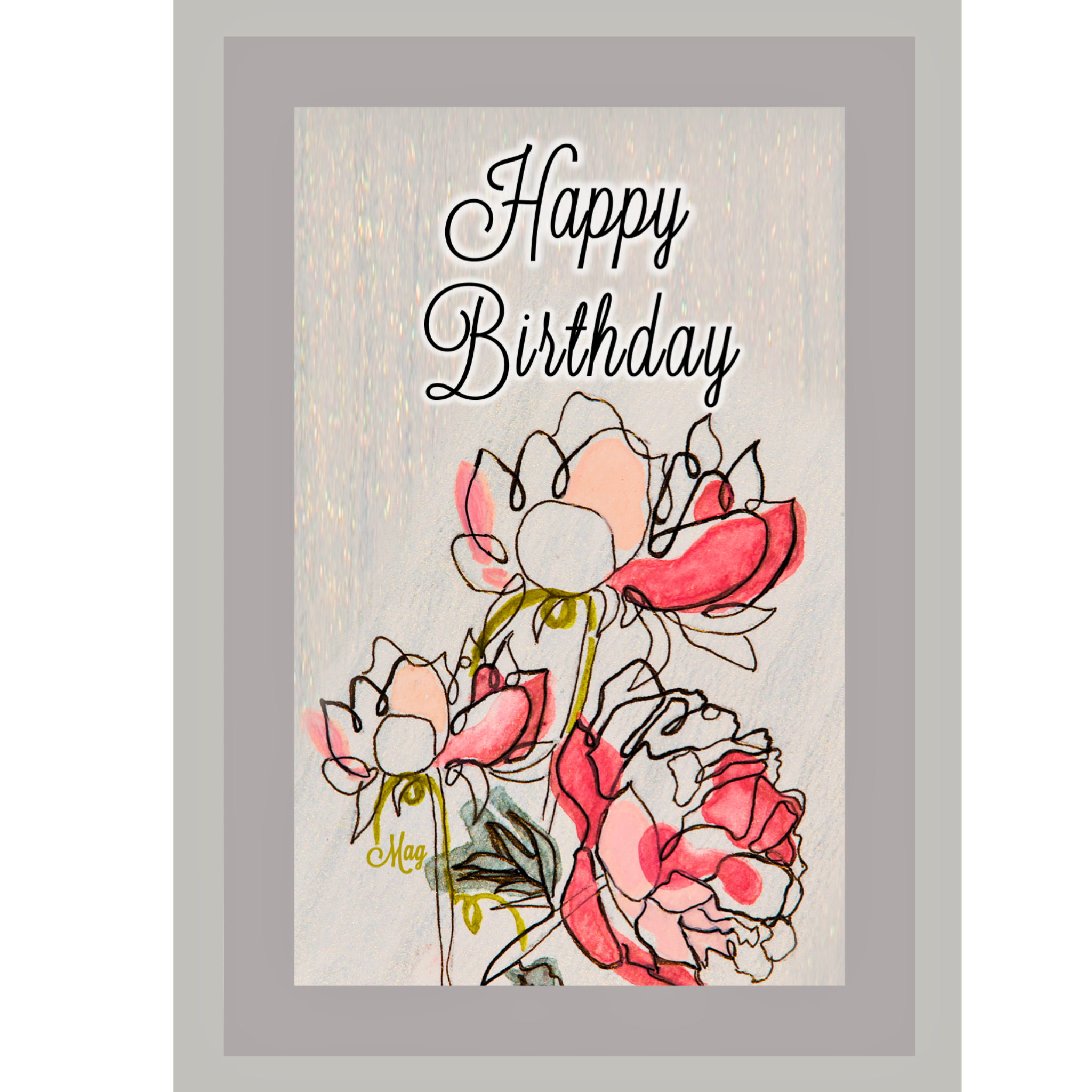 Happy Birthday Greeting Card with Line & Wash Floral Illustration