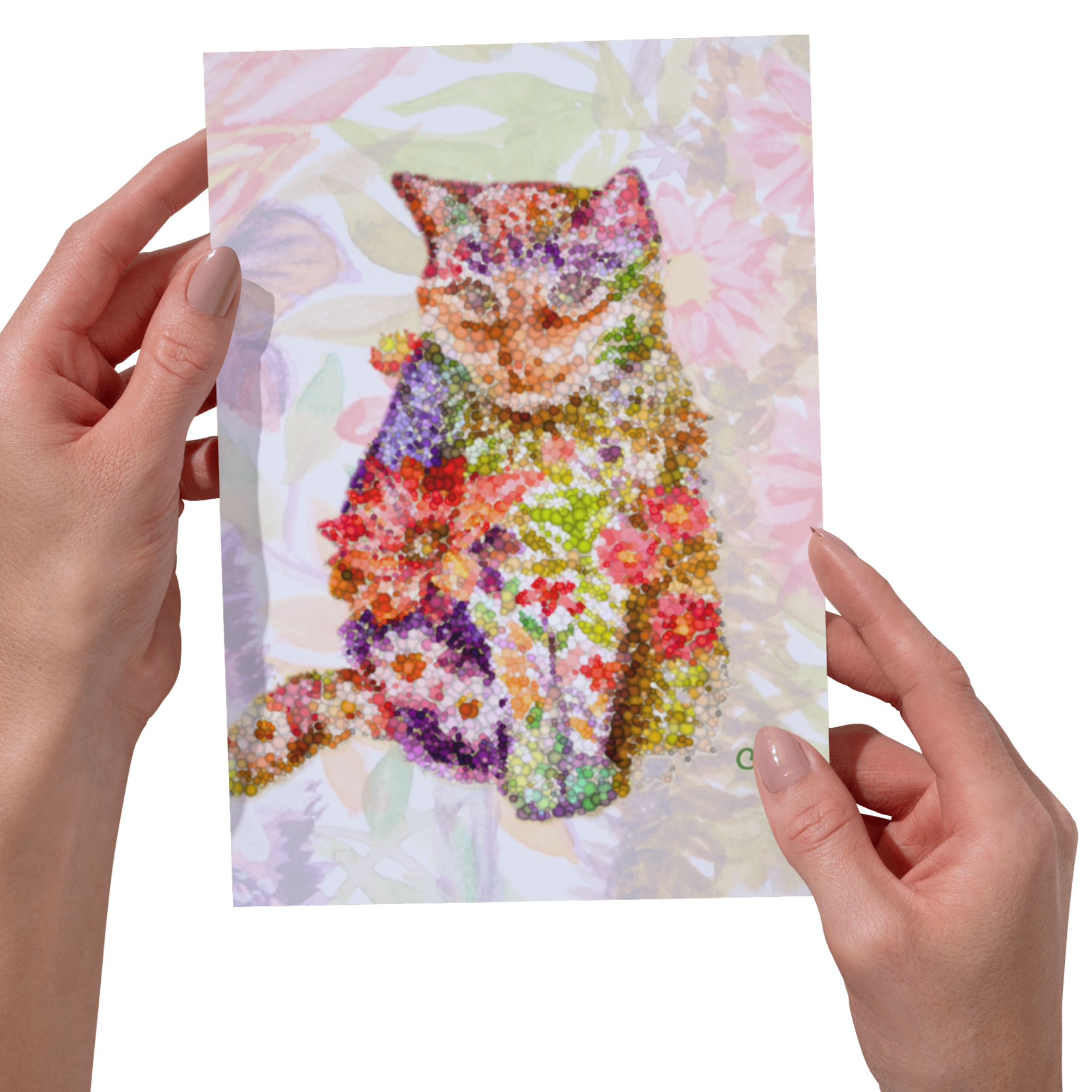 Original Floral Pointillism Inspired Cat Art Card – Vibrant Color