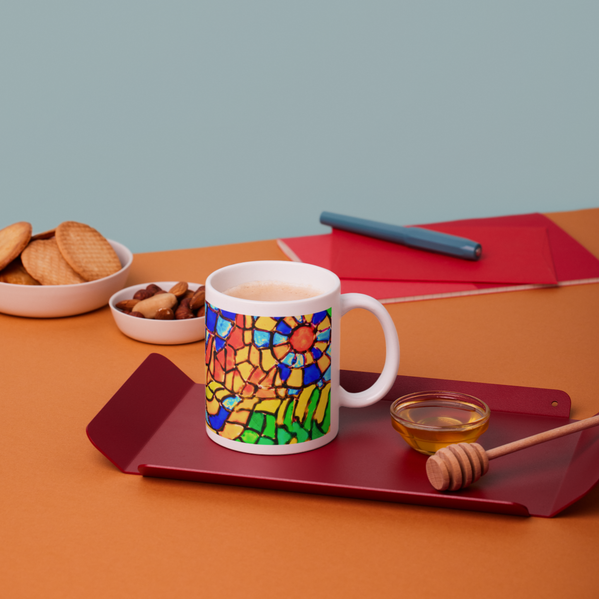 Stained Glass Mountain Landscape Mug – Scenic Mosaic Ceramic Coffee Mug
