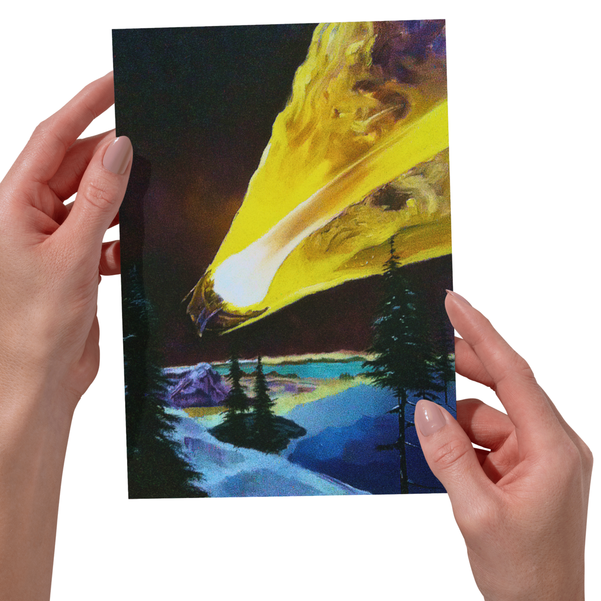 Cosmic Sky Over Mountains – Sci-Fi Acrylic Landscape Art Greeting Card (Original Painting)