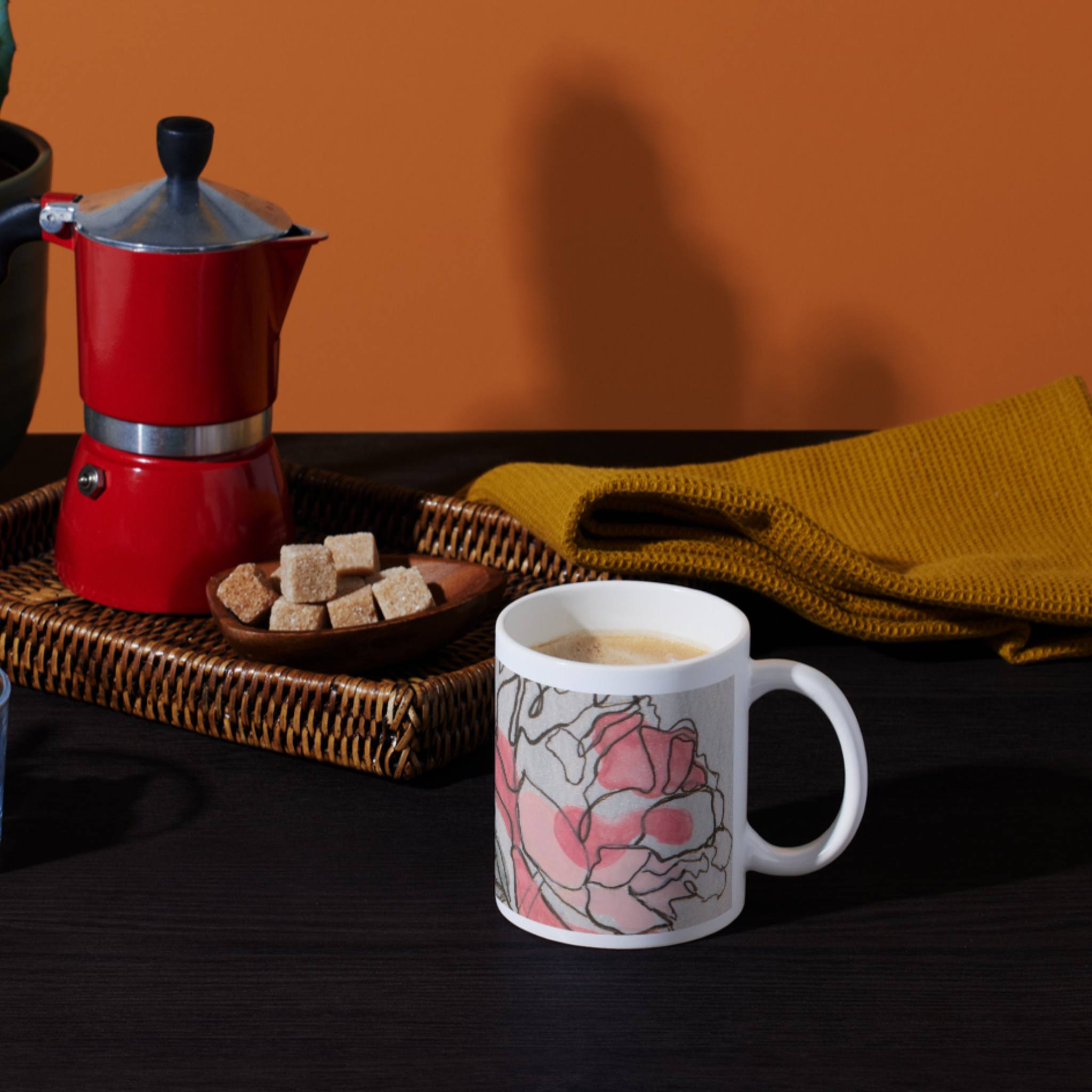 Modern Peony Mug – Line & Watercolor Ceramic Coffee Mug
