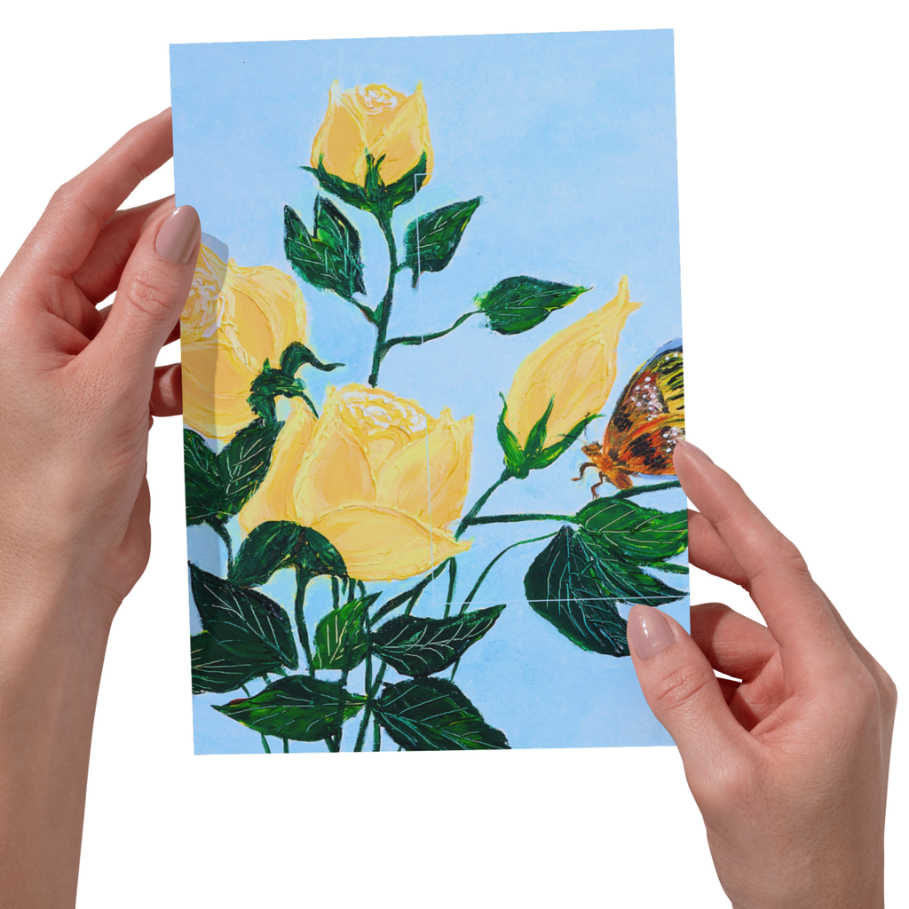 Yellow Roses & Butterfly Floral Card – Acrylic Painting Design