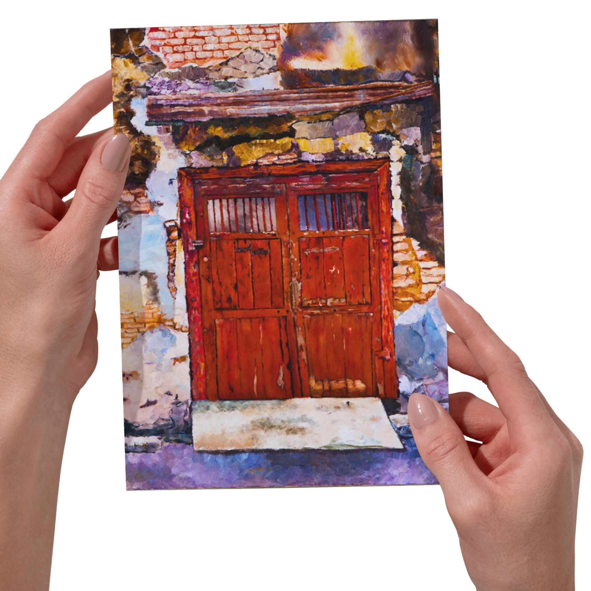 Rustic Red Door Landscape Card – Acrylic Painting Design