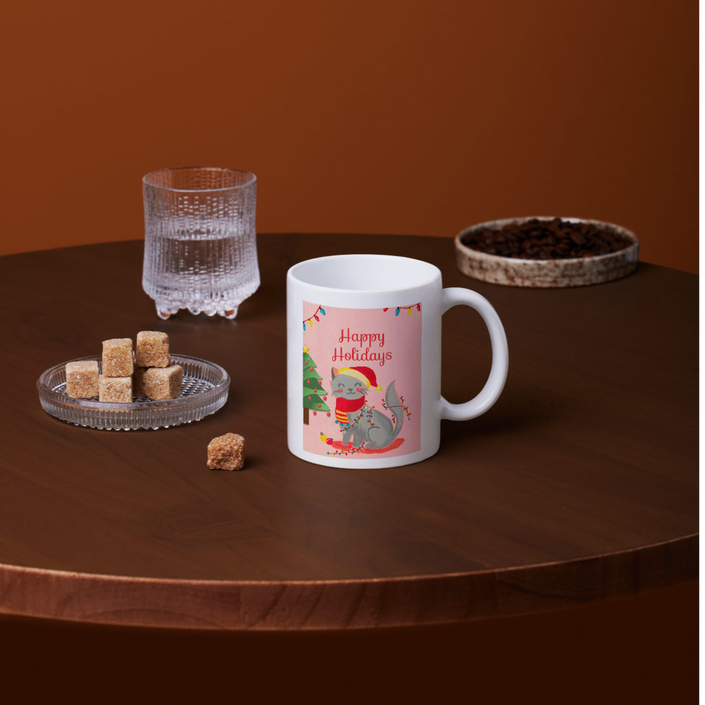 Grey Cat & Fairy Lights Mug – Happy Holidays Cat Ceramic Coffee Mug