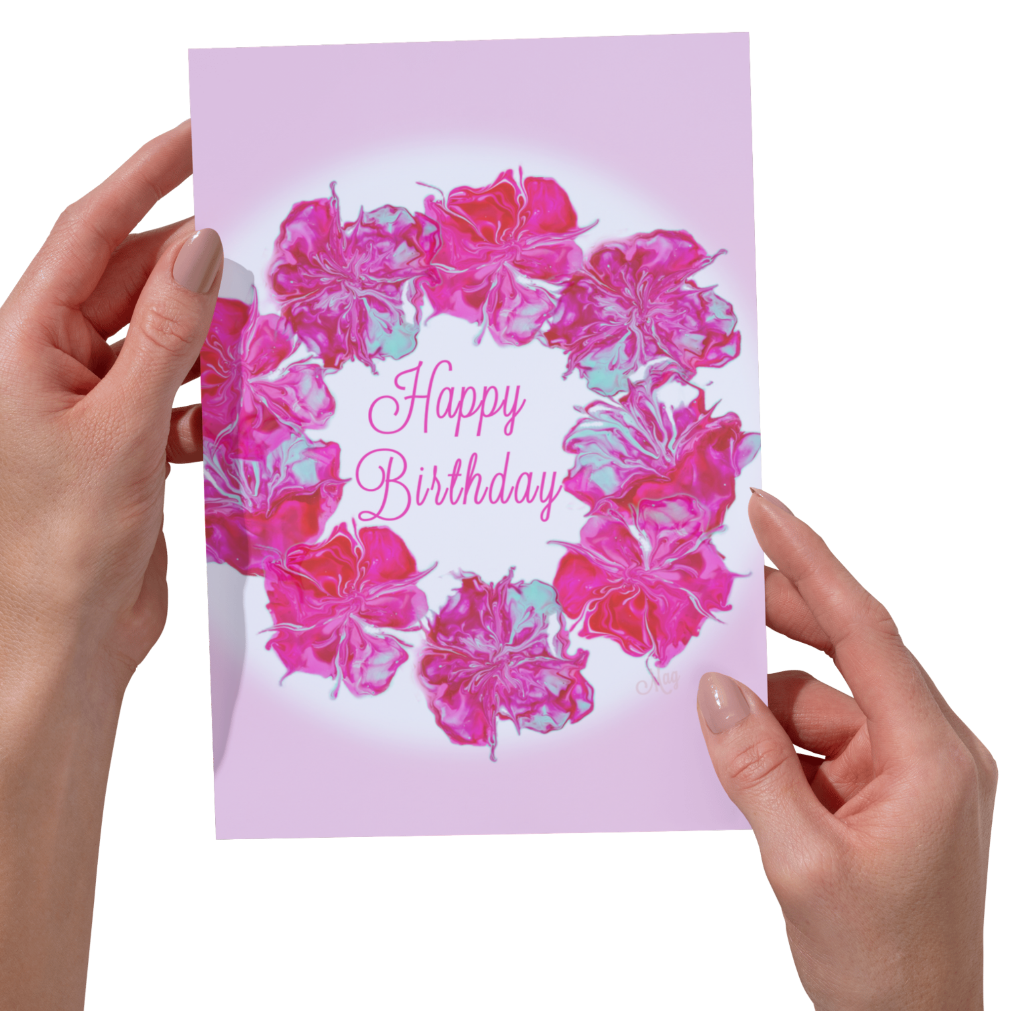 Acrylic Flow Card – Happy Birthday Greeting Card with Floral Ring & Soft Pink Background