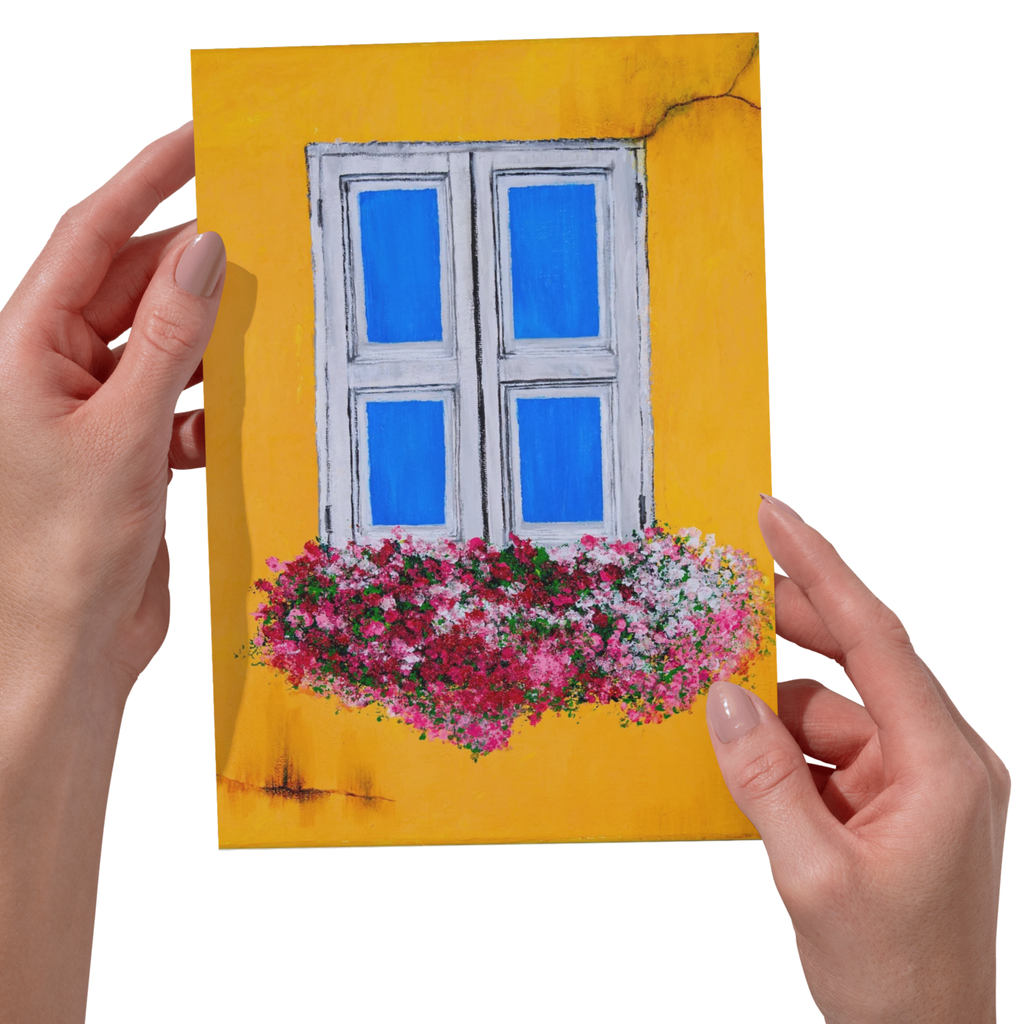 Rustic Window & Flower Box Landscape Card – Acrylic Painting Design
