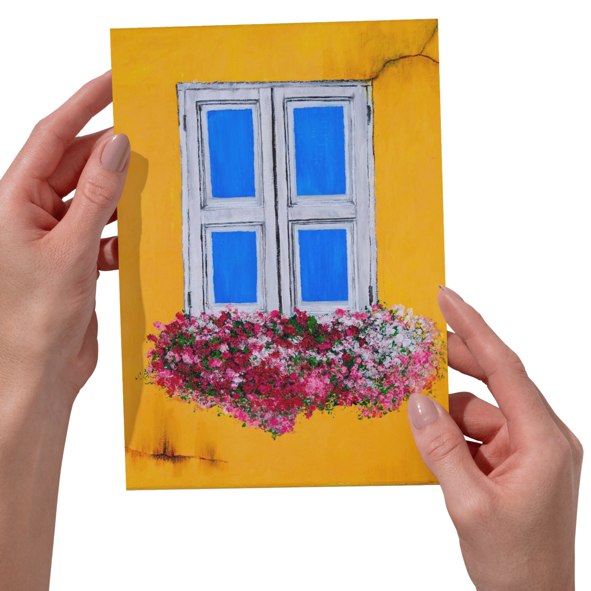 Rustic Window & Flower Box Landscape Card – Acrylic Painting Design