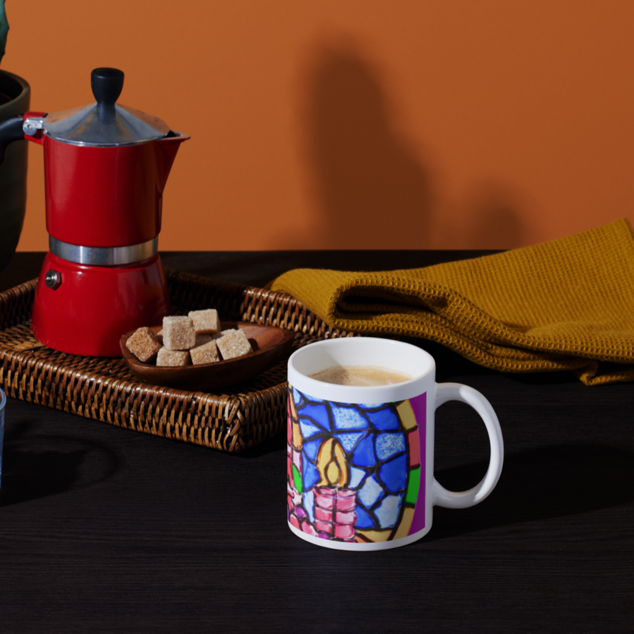 Stained Glass Wine & Candlelight Mug – Elegant Mosaic Ceramic Coffee Mug