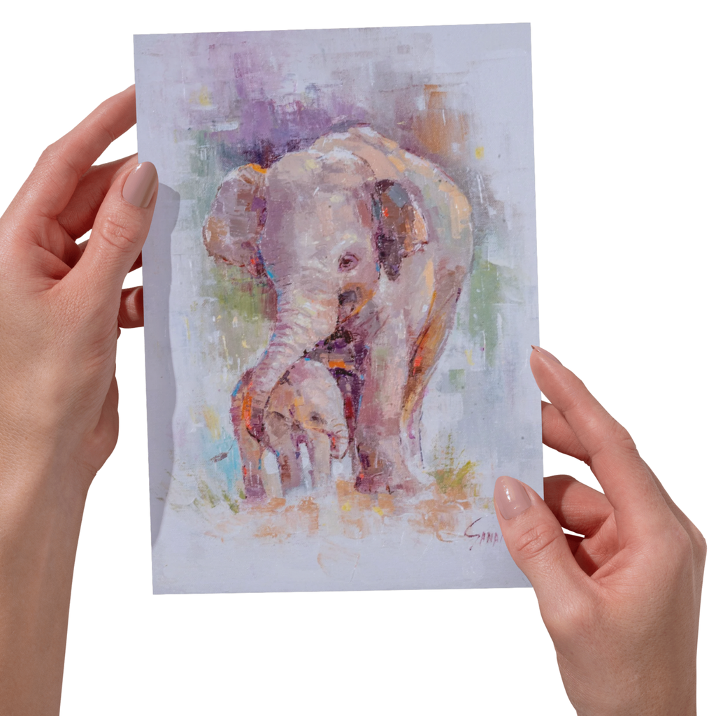 Curated Acrylic Elephant Art Card – Tender Mother & Baby Bond