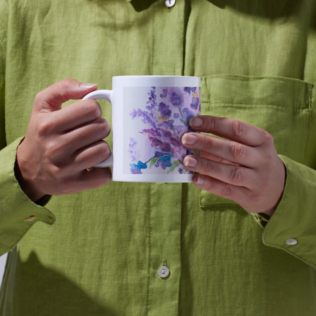 Blue Jar Bouquet Mug – Purple & Pink Flowers Ceramic Coffee Mug